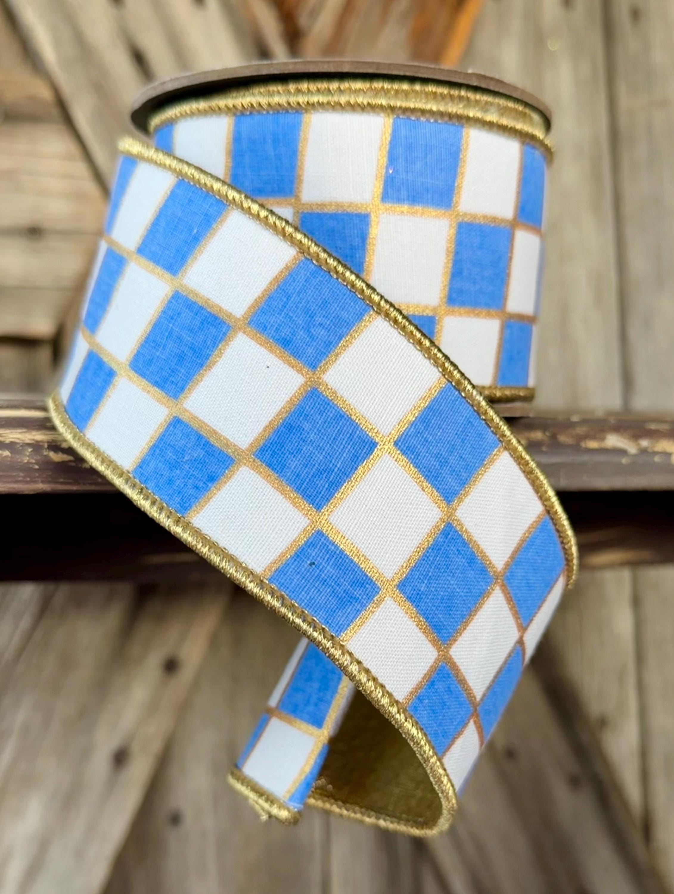 French Blue White Check Wired Ribon, 2.5 Inch