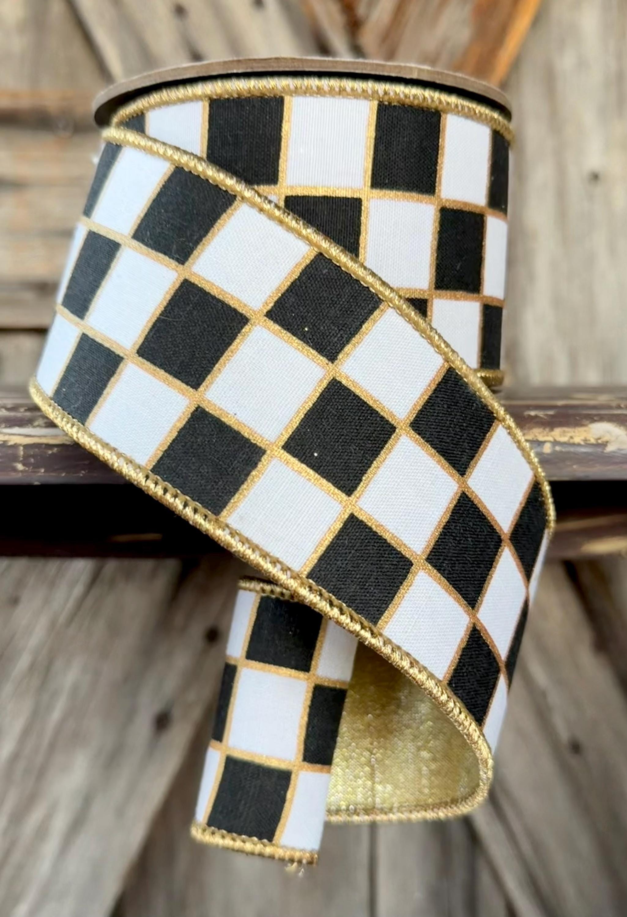 Black White Check Wired Ribon, 2.5 Inch