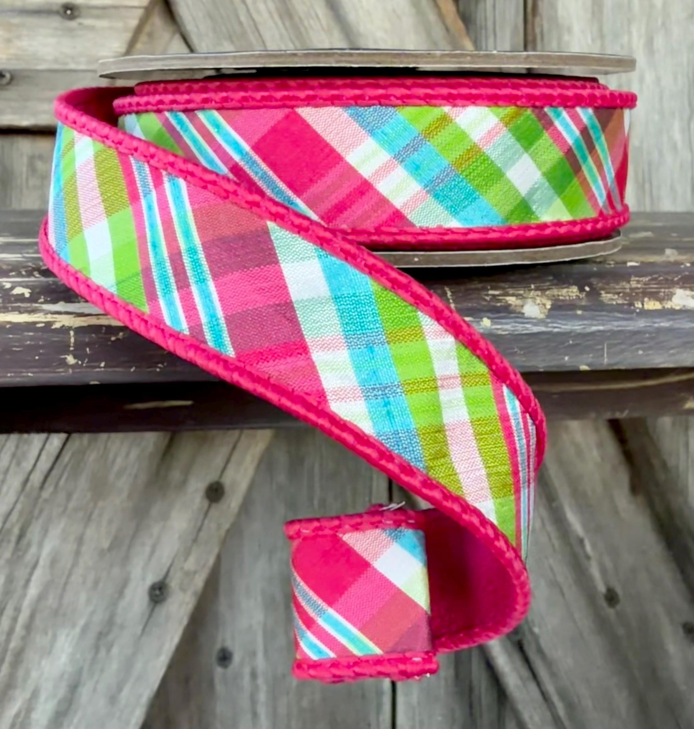 Spring Plaid, Hot Pink Edge Wired Ribbon 1 Inch