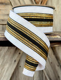 Black White Gold Regal Stripe Wired Ribon, 2.5 Inch