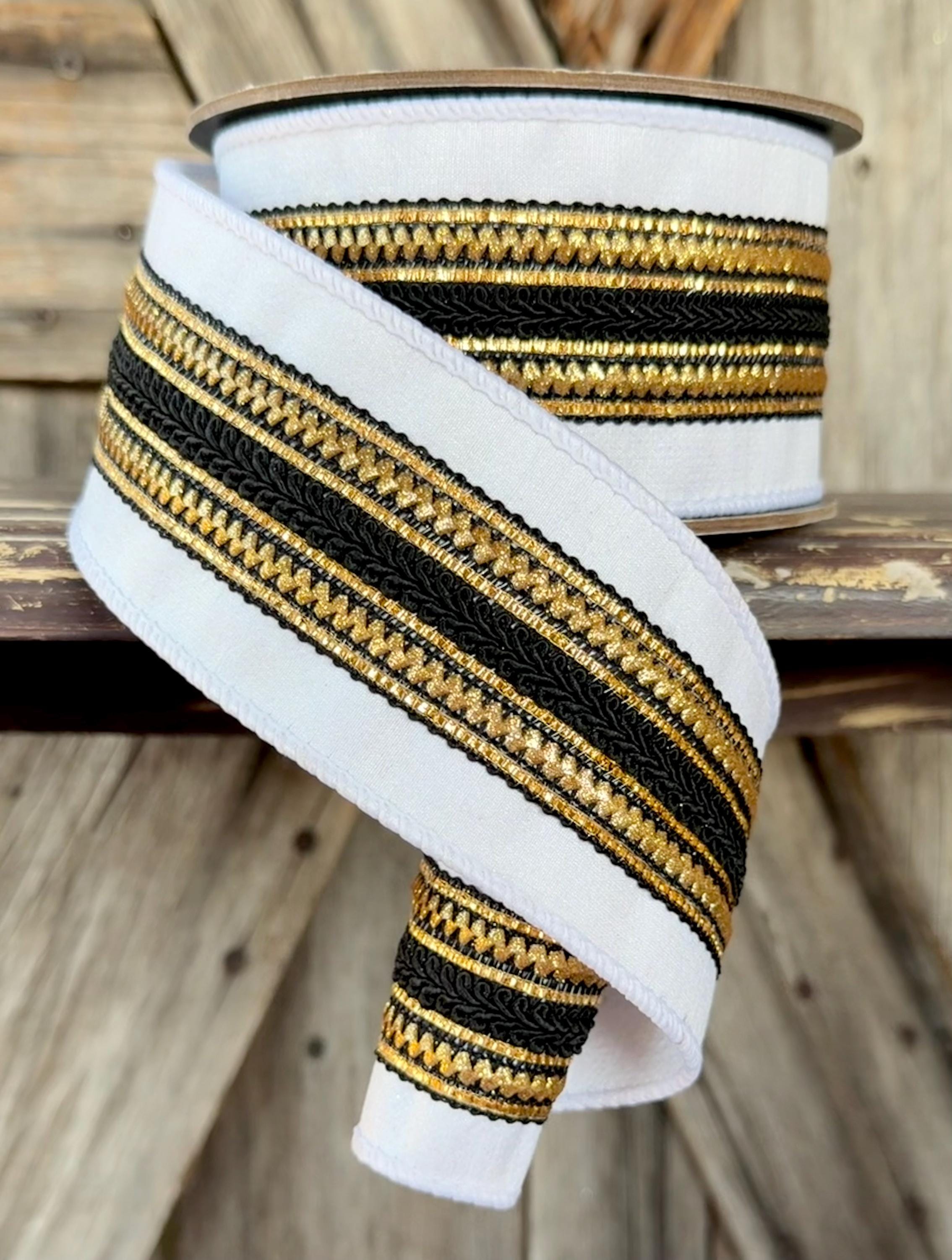 Black White Gold Regal Stripe Wired Ribon, 2.5 Inch