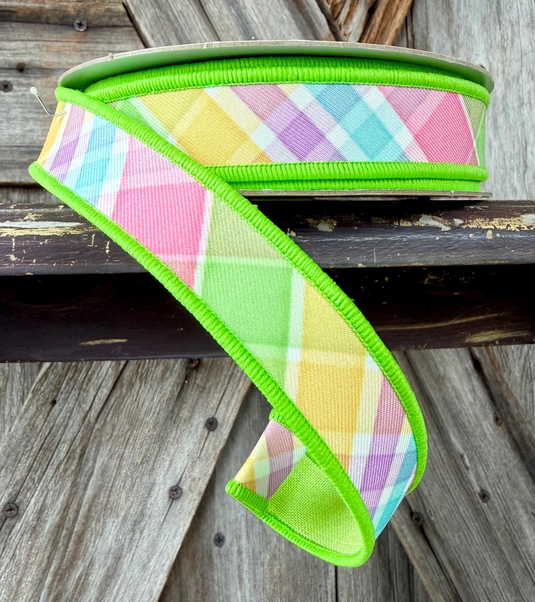 Spring Plaid, Green Pink Yellow Wired Ribbon 7/8 Inch