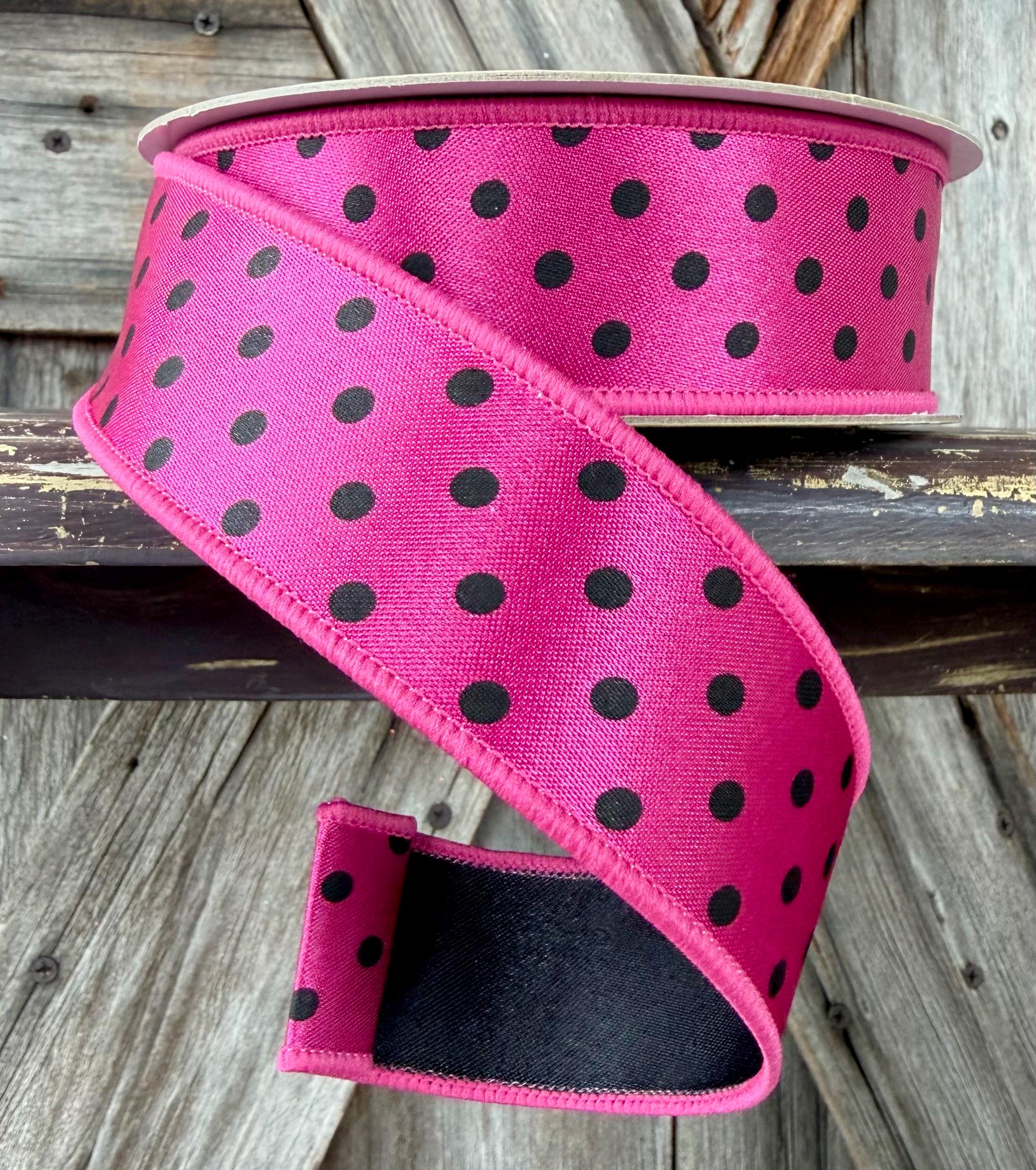 Hot Pink Black Polka Dot Wired Ribbon 1.5 Inch
