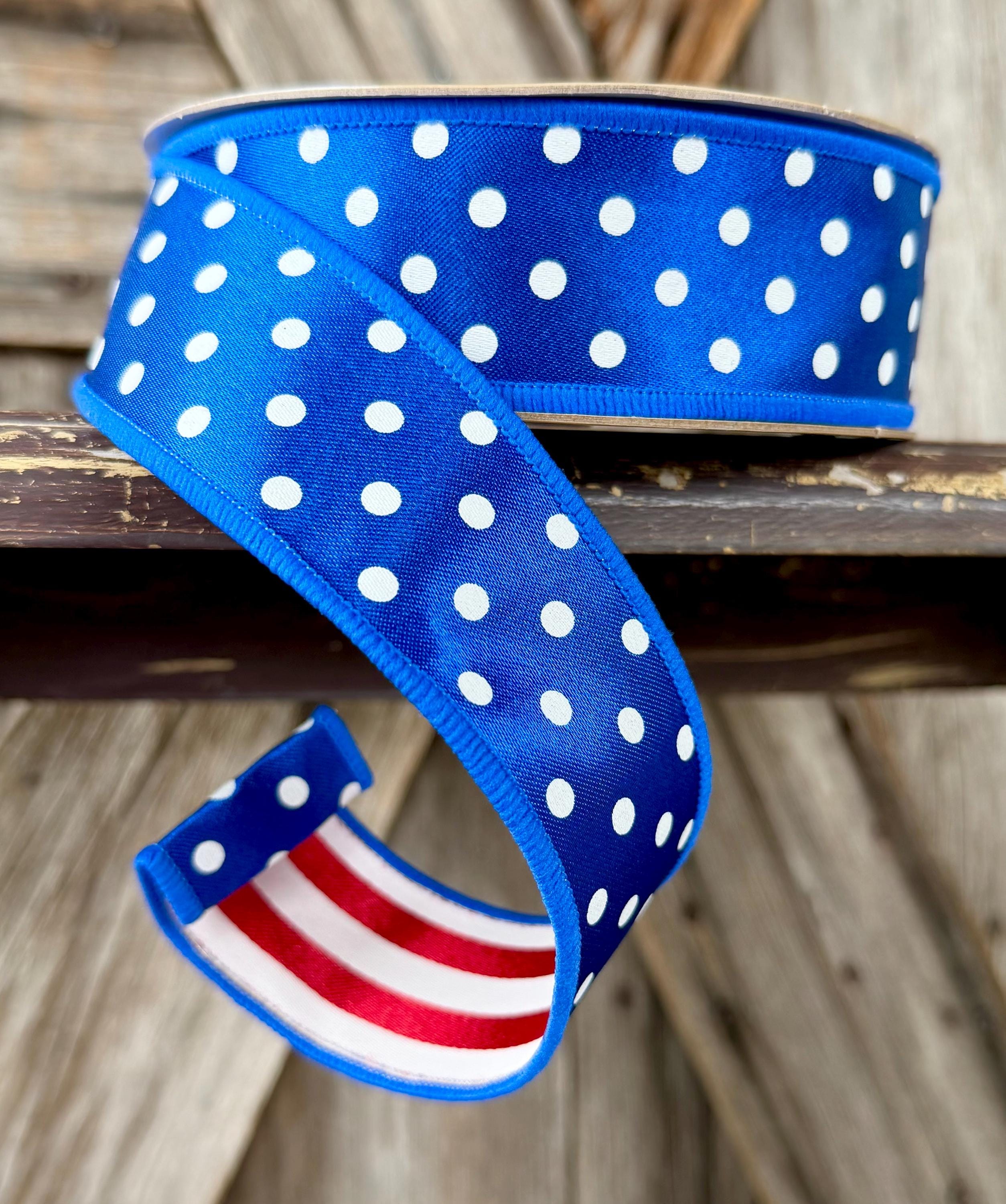 Blue White Polka Dot with Red Stripe Back Wired Ribbon 1.5 Inch