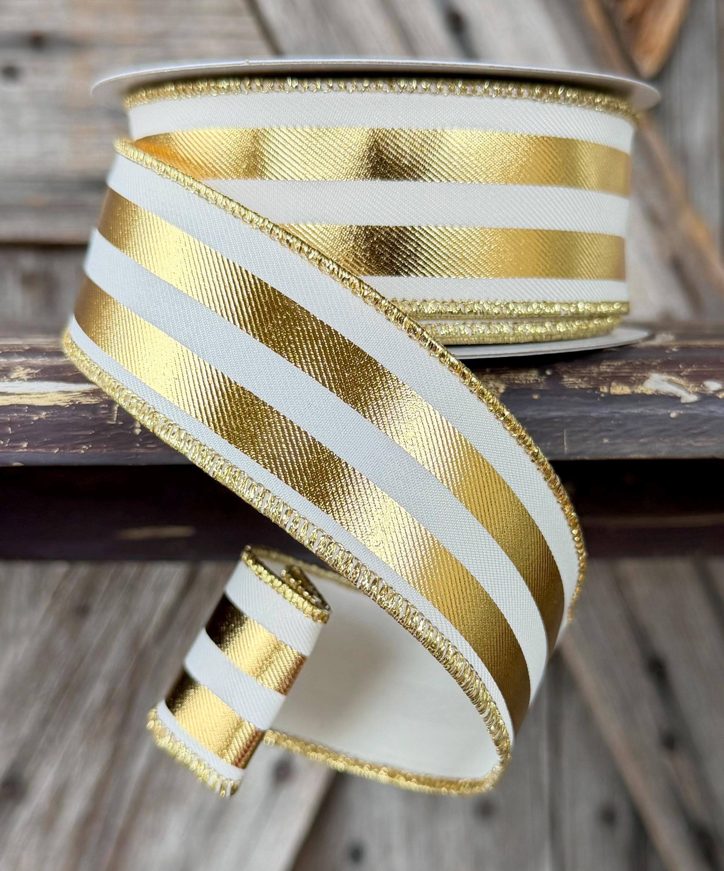 Gold Ivory Metallic Stripes Wired Ribbon 1.5 Inch