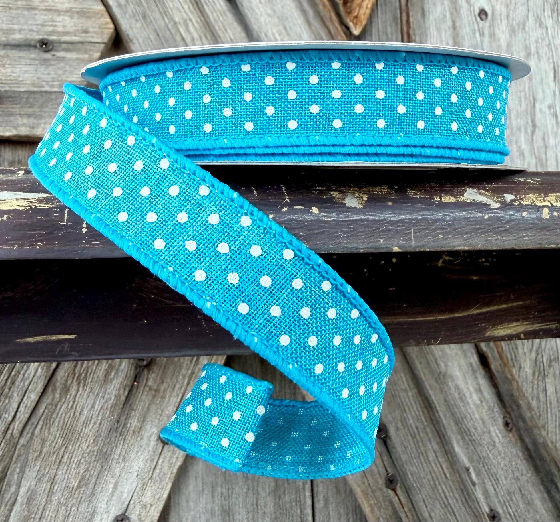Turquoise White Raised Swiss Dots Wired Ribbon 5/8 Inch