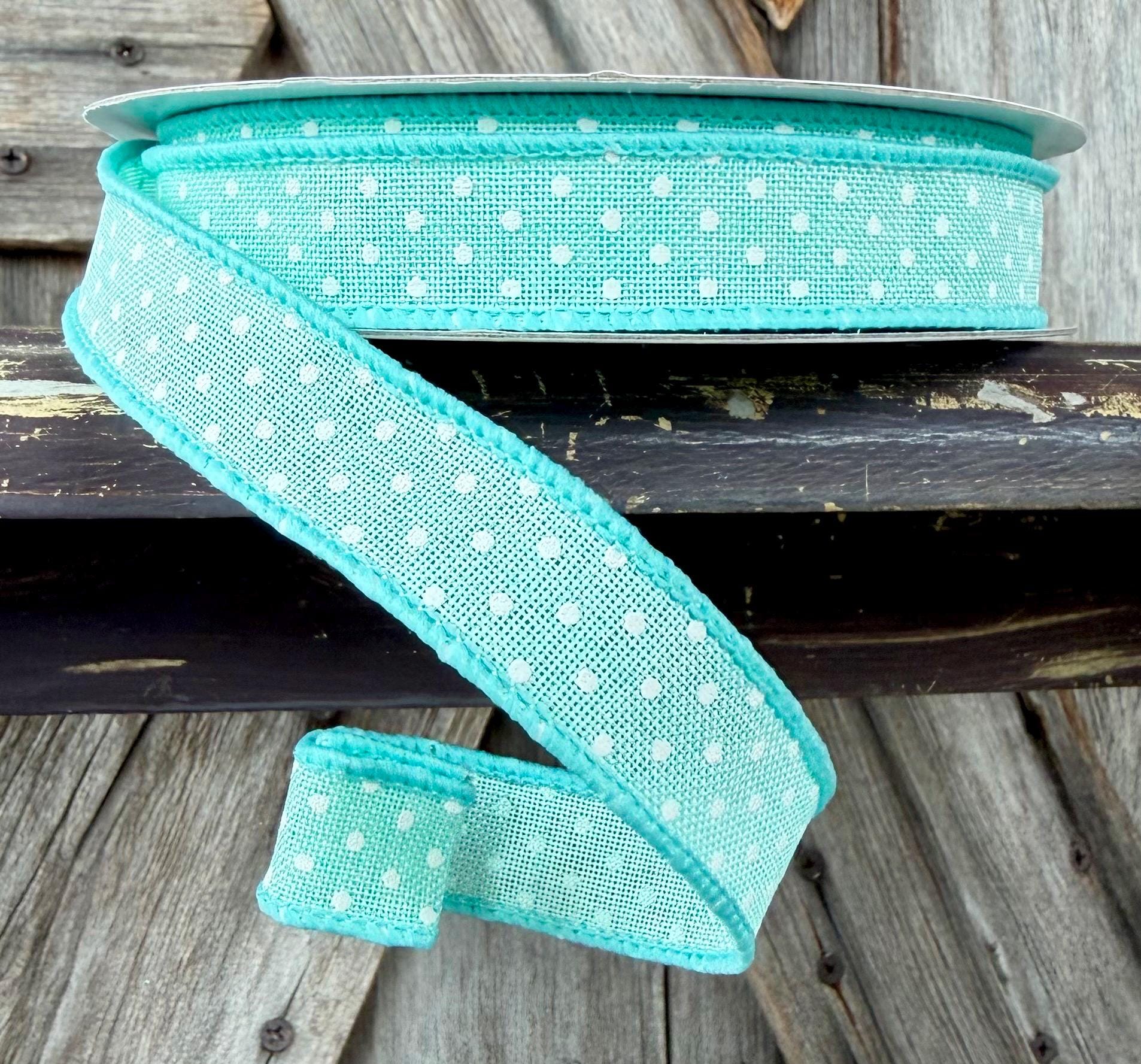 Mint White Raised Swiss Dots Wired Ribbon 5/8 Inch