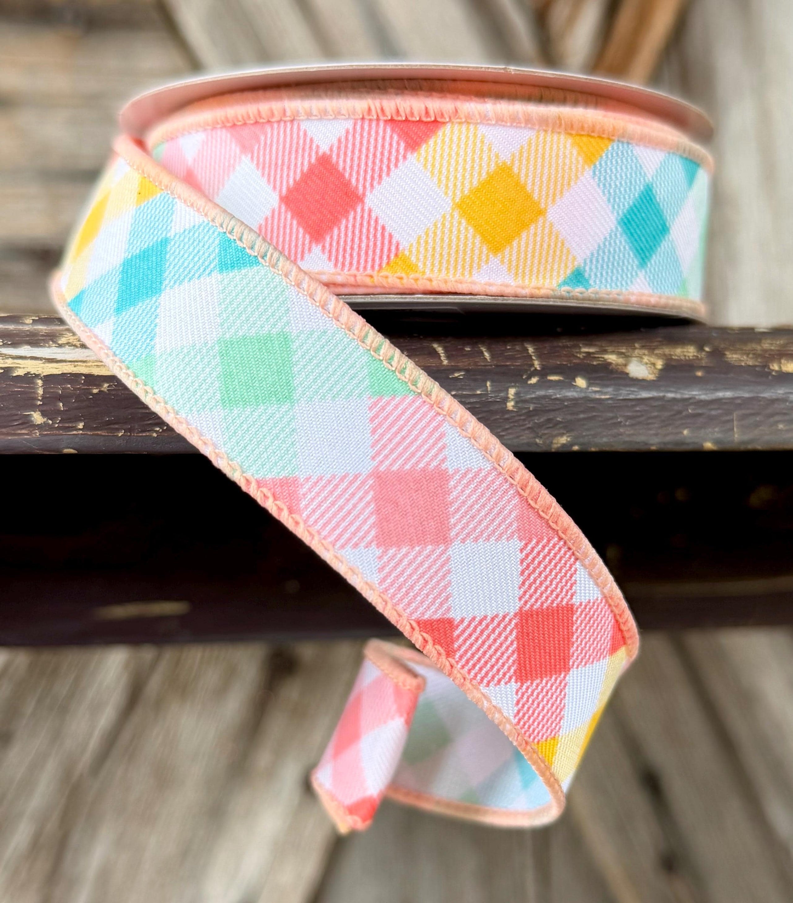 White Coral Yellow Teal Mint Plaid Wired Ribbon 1.5 Inch