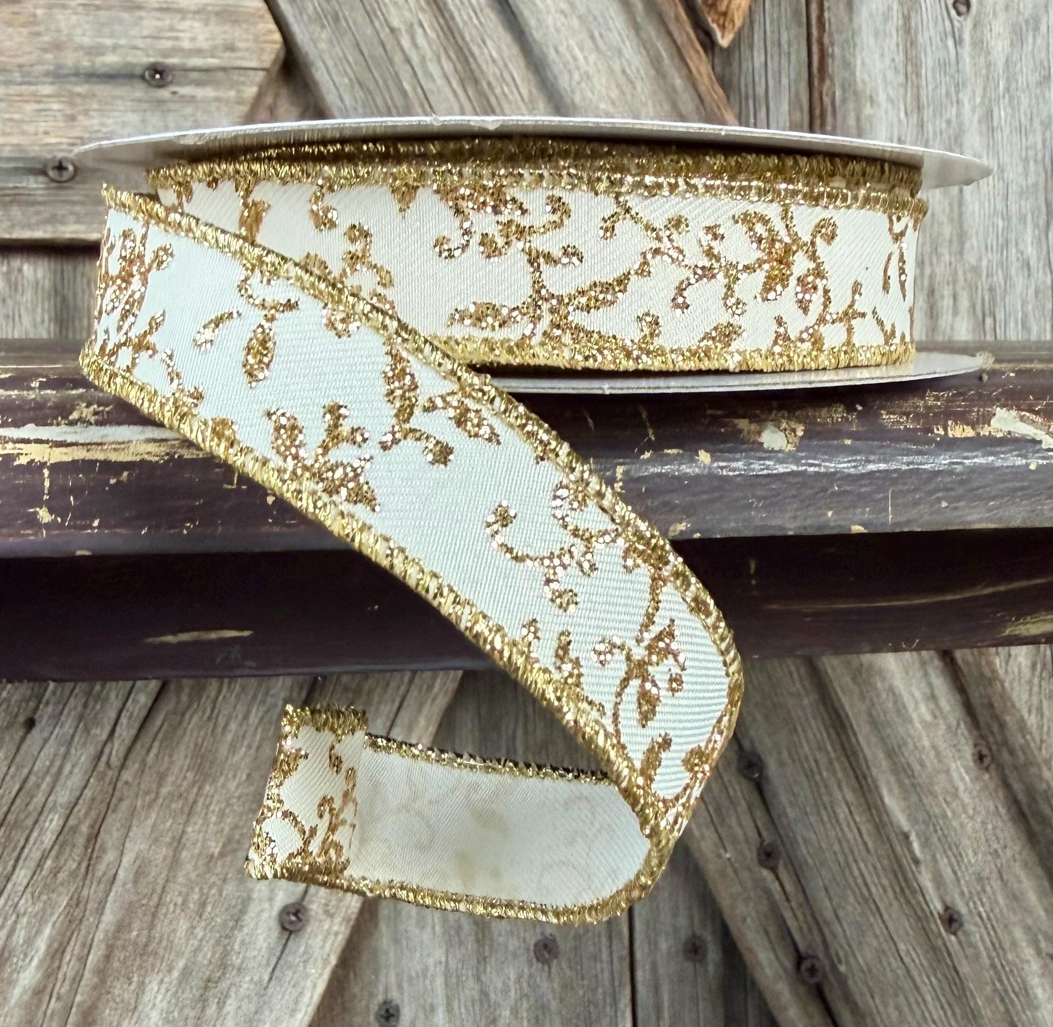Ivory Gold Vine Wired Ribbon 5/8 Inch