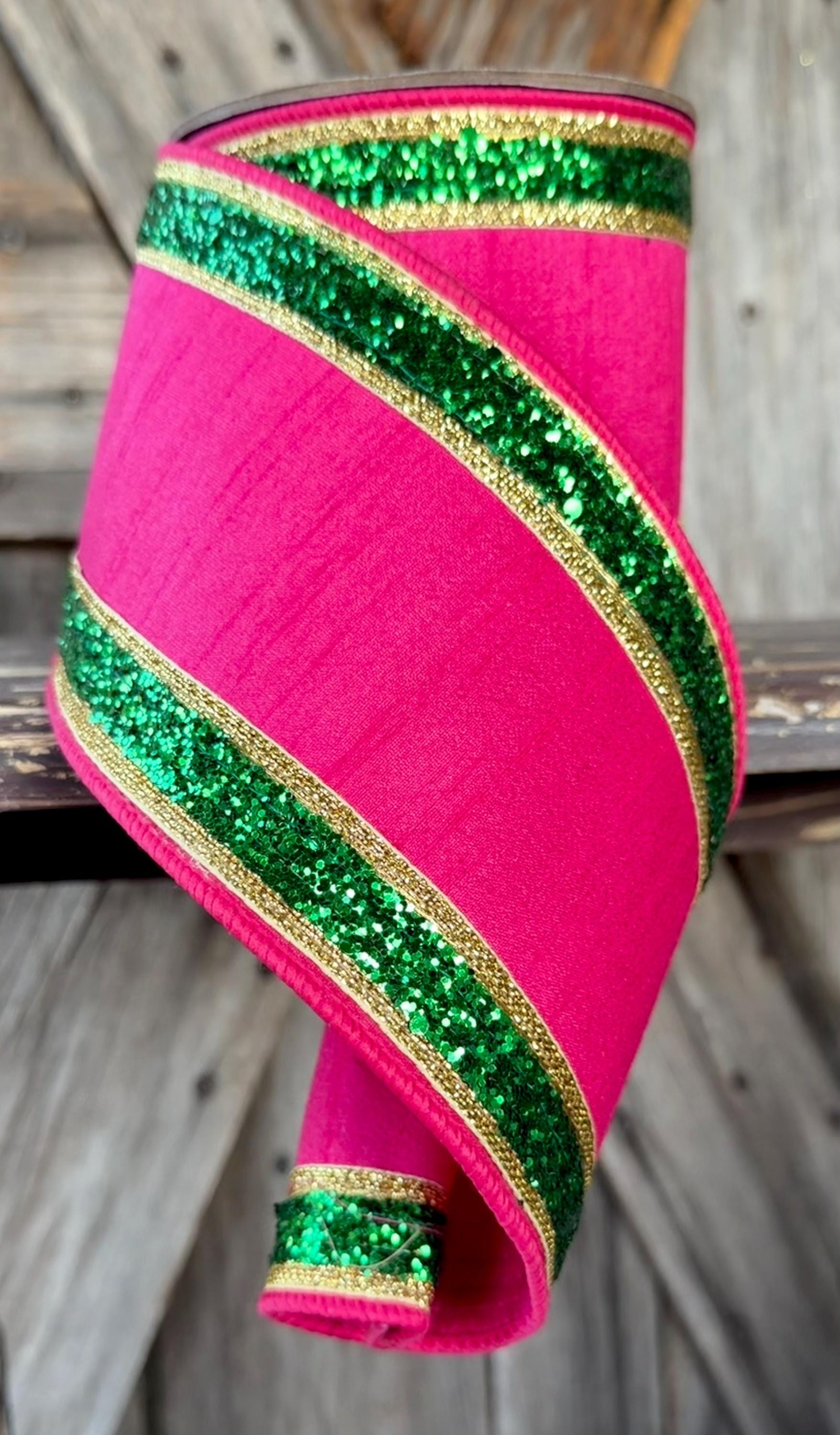 Hot Pink Deluxe Green Glitter Edge Wired Ribbon 4 Inch