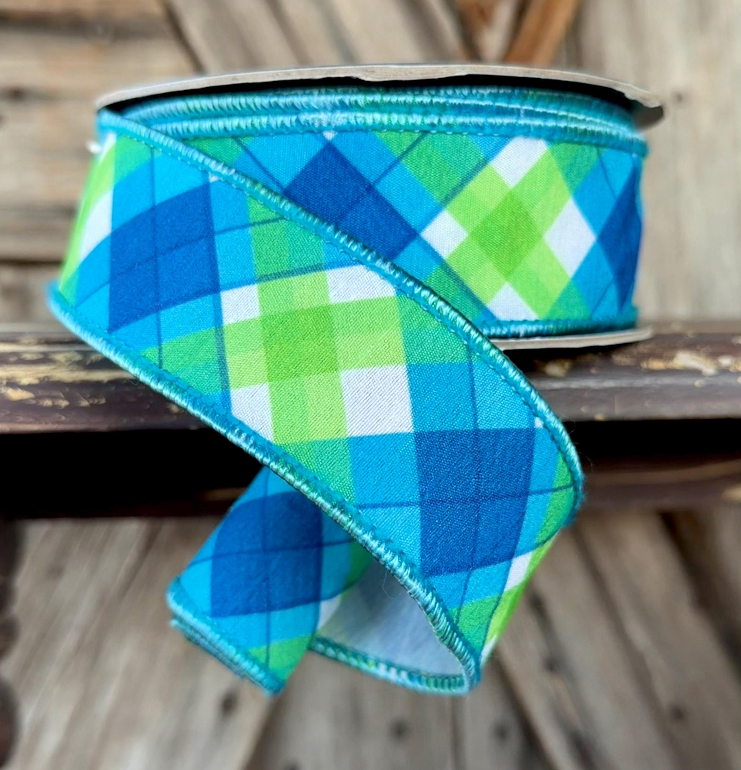 Blue Green Plaid Wired Ribbon 1.5 Inch