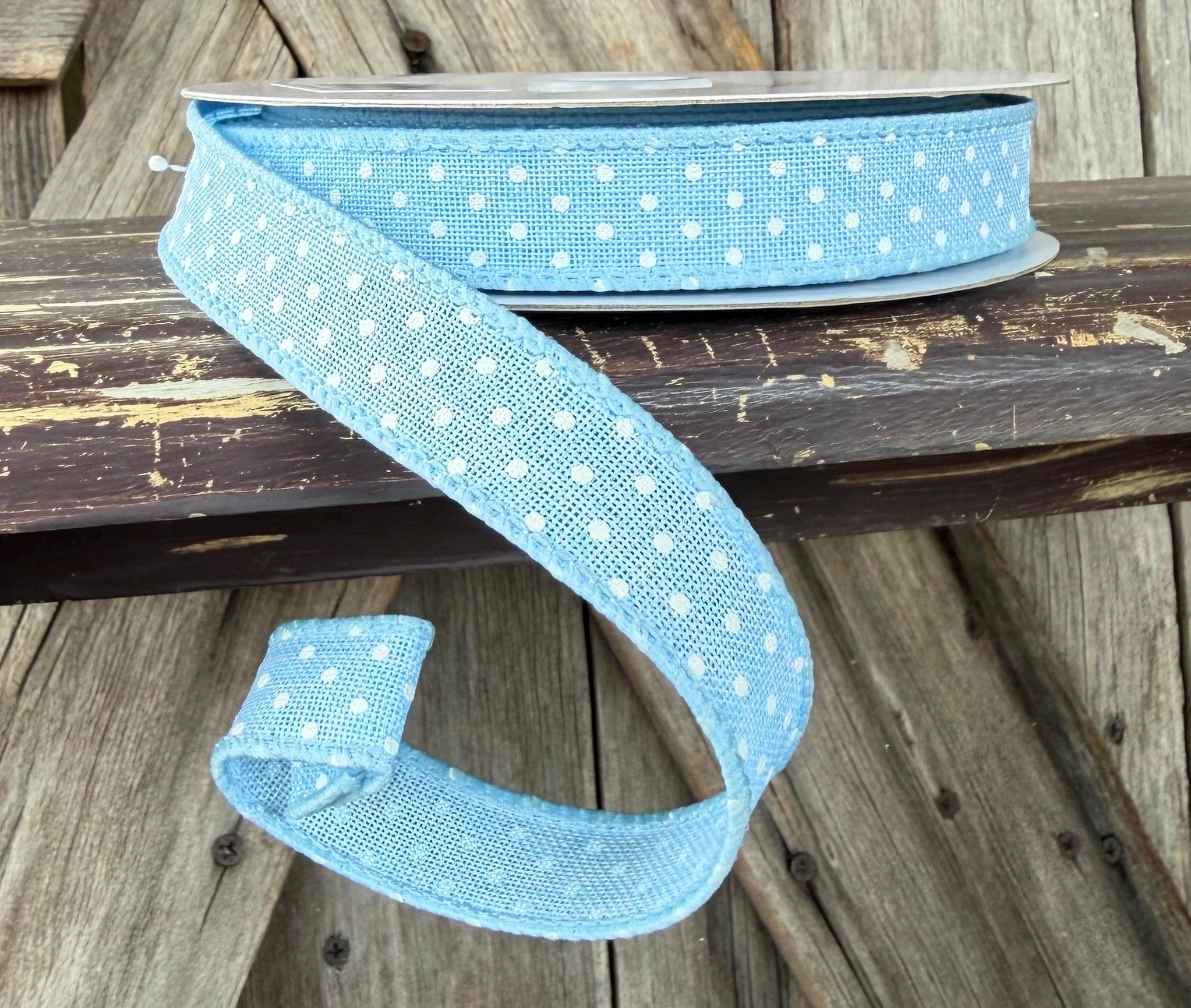 Light Blue White Raised Swiss Dots Wired Ribbon 5/8 Inch