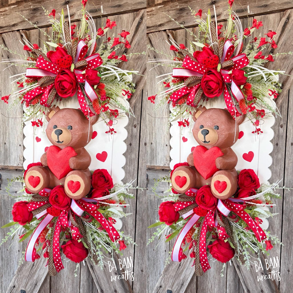 Valentine Wreath, Valentine Decor, Valentine Door, Love Wreath, Teddy Bear Decor, Heart Decor, Heart Wreath