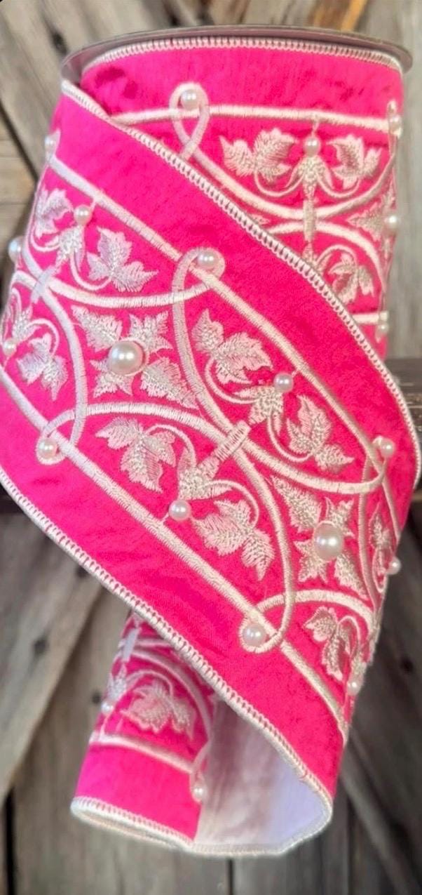 Fancy Pink Pearled Wired Ribbon 4 Inch