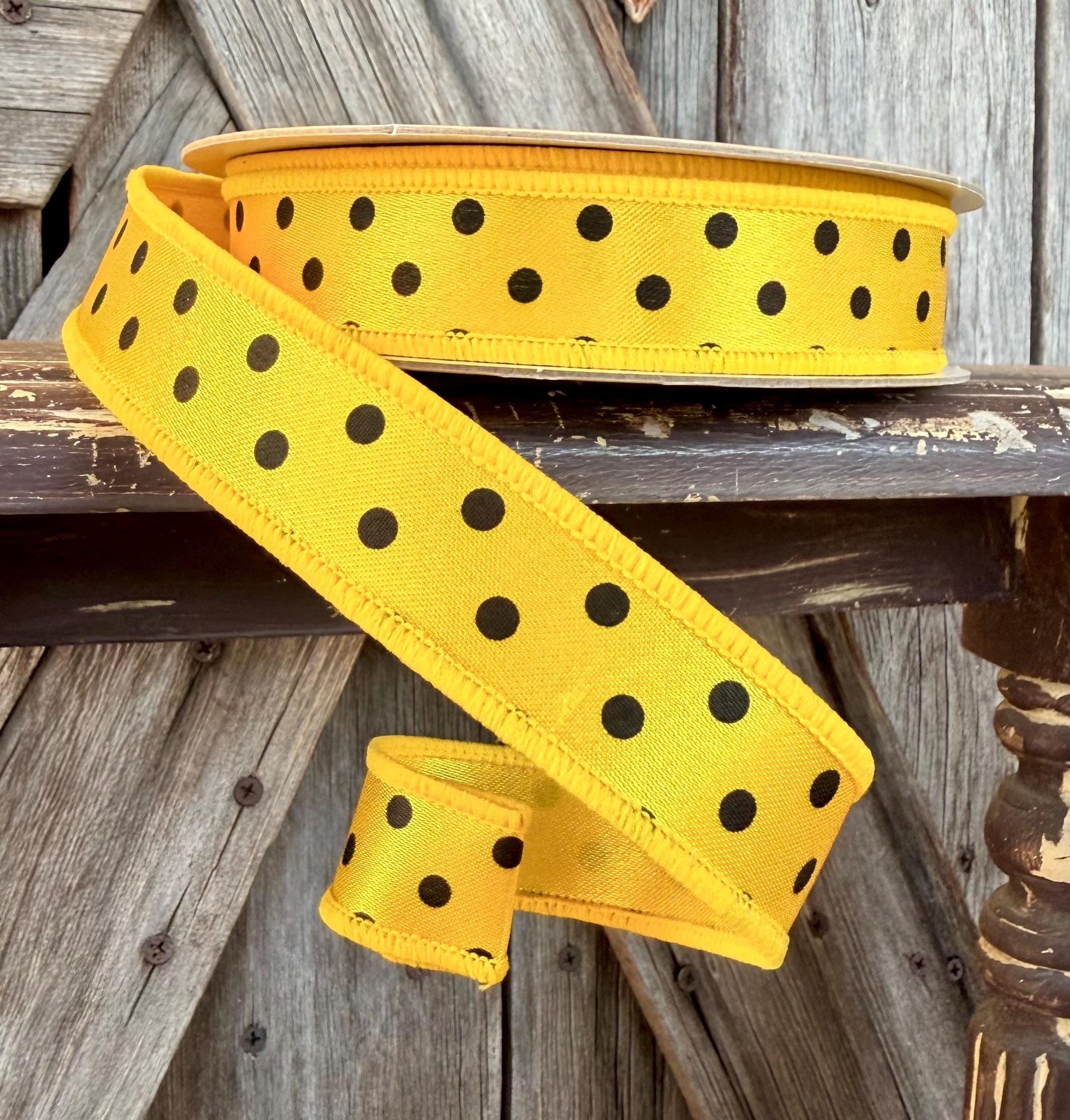 Yellow Black Polka Dot Yellow Back Wired Ribbon 7/8 Inch