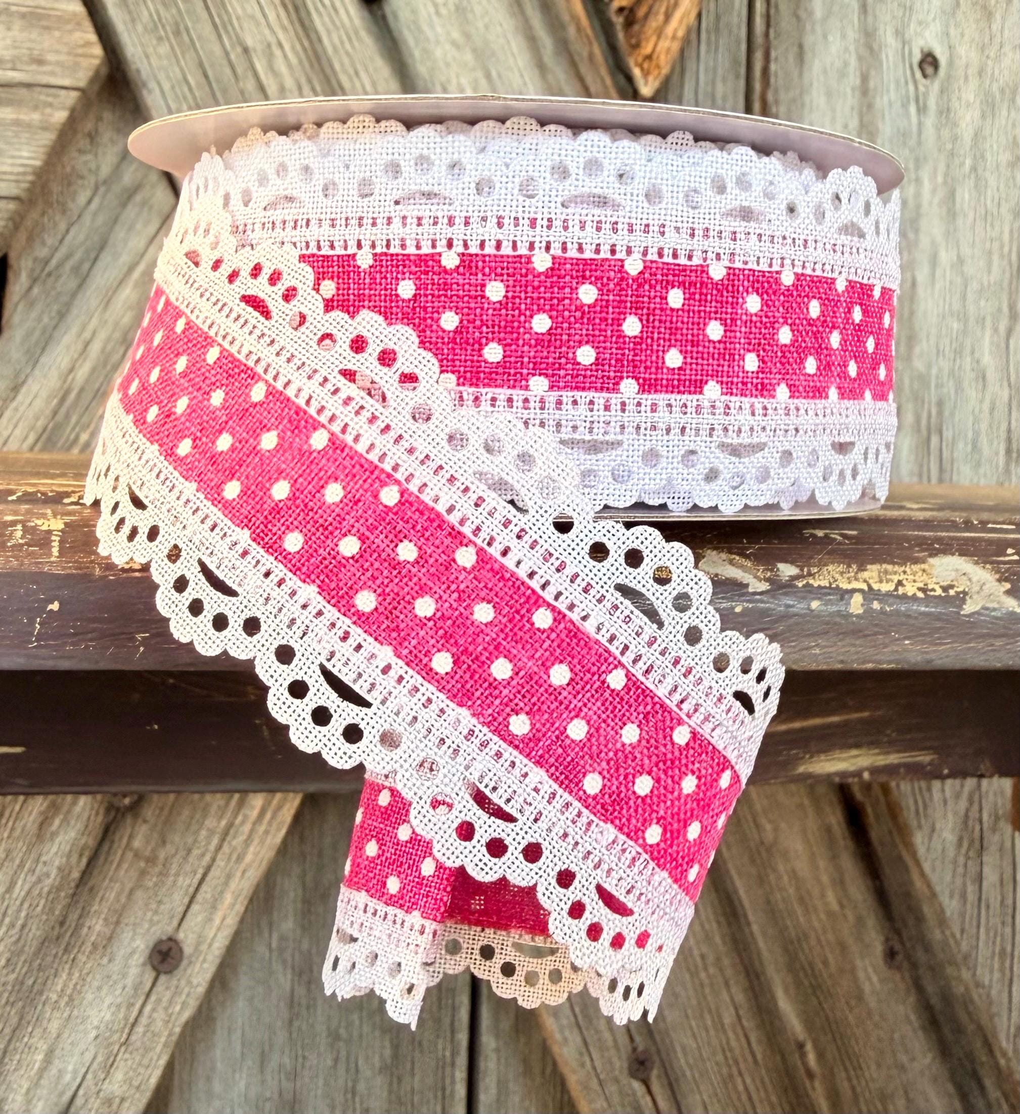 Hot Pink Polka Dot Scallop Edge Wired Ribbon 1.5 Inch