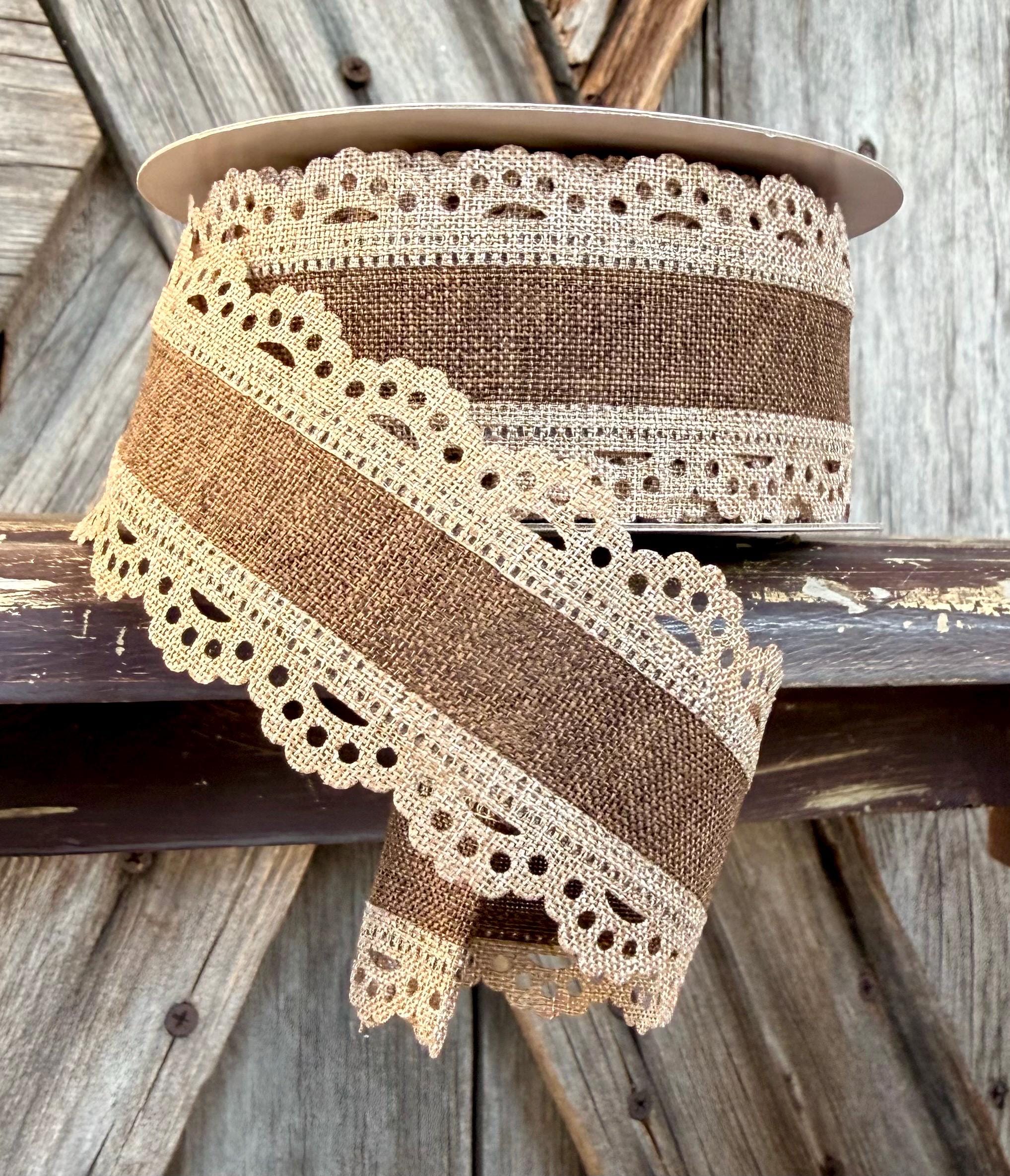 Light Beige Brown Scallop Edge Wired Ribbon 1.5 Inch