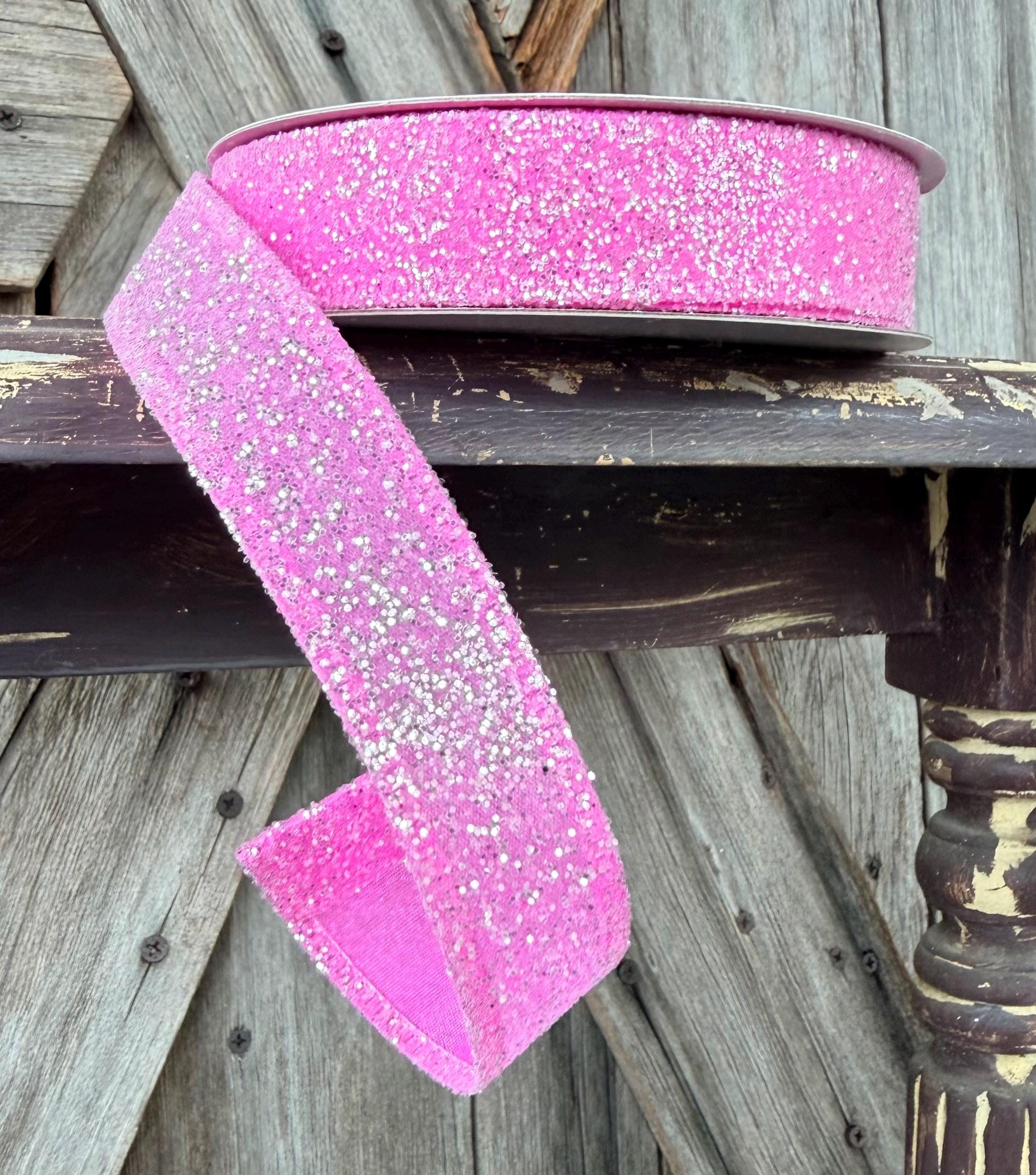 Hot Pink Candy Glittered Wired Ribbon 7/8 Inch