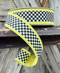 Yellow Trim Black White Check Wired Ribbon 1 Inch