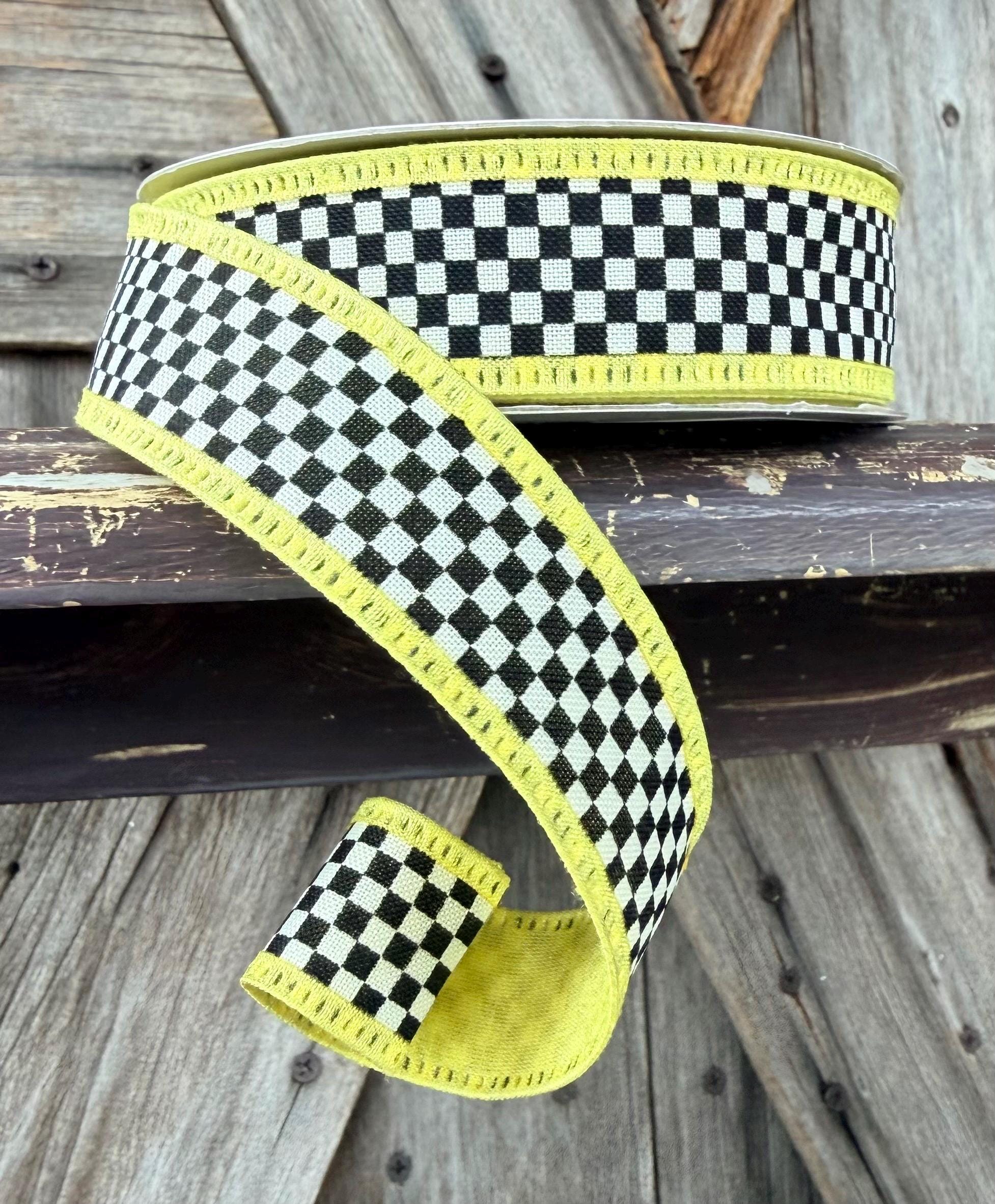 Yellow Trim Black White Check Wired Ribbon 1 Inch