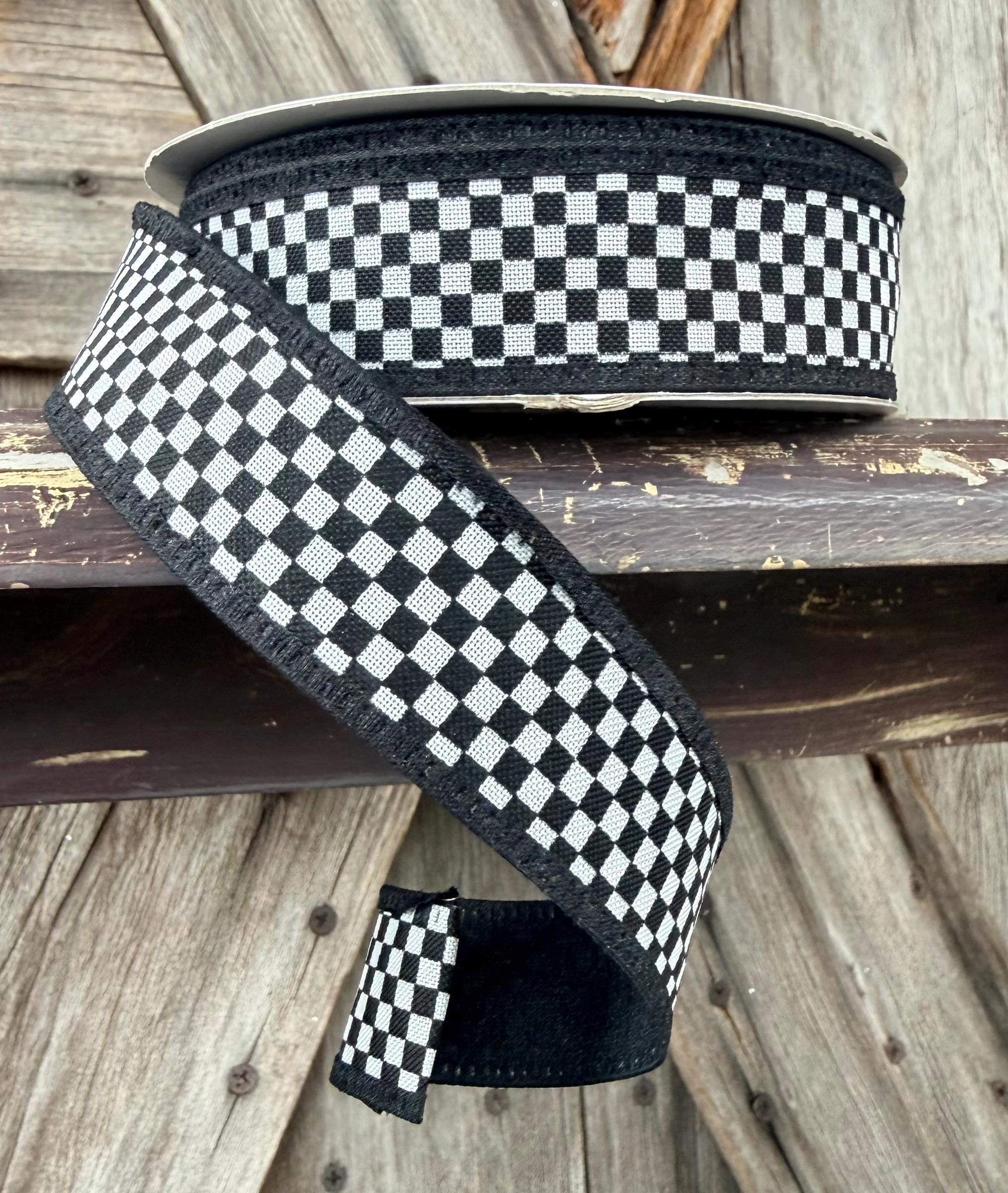Black Trim Black White Check Wired Ribbon 1 Inch