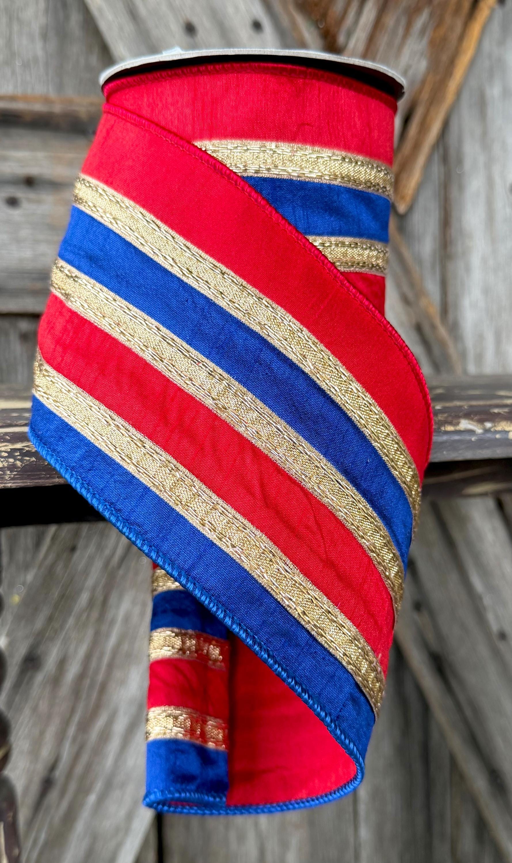 Red Blue Gold Overlay Deluxe Wired Ribon, 4 Inch