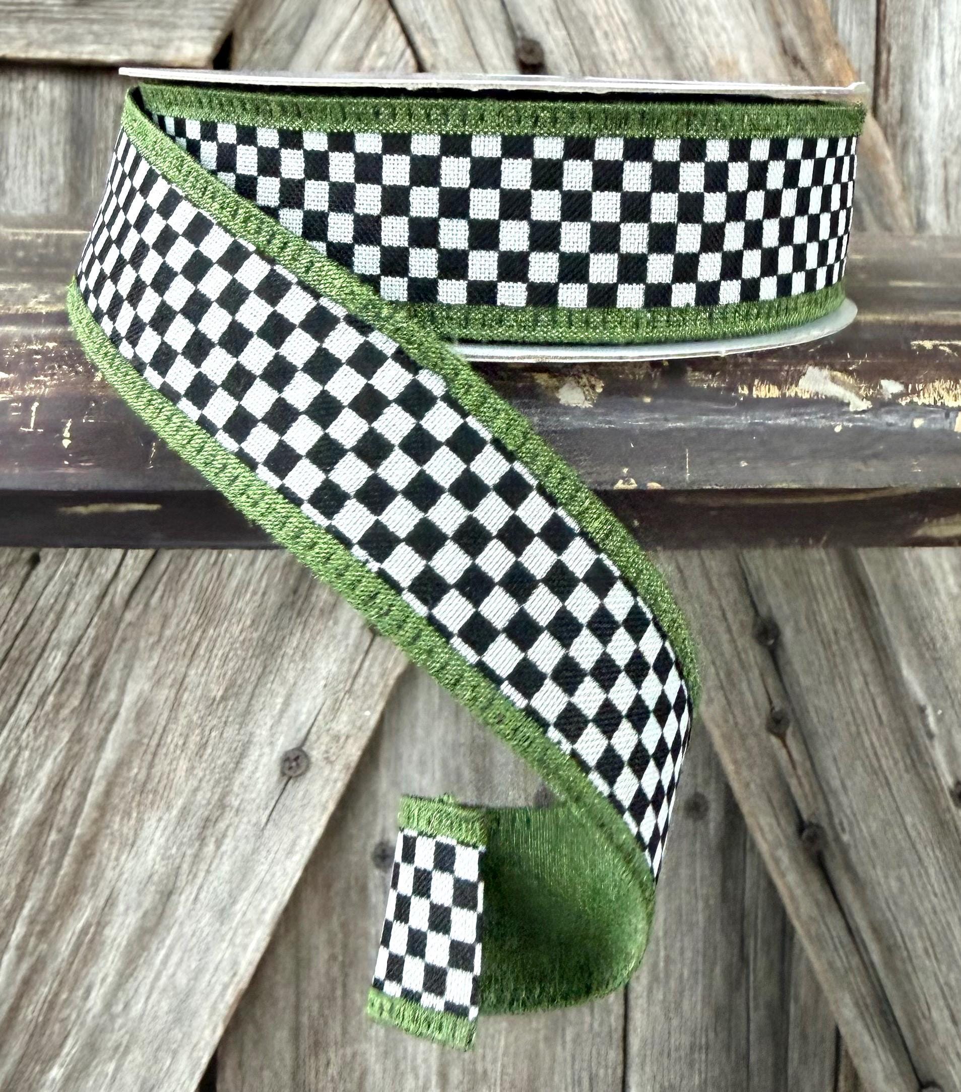 Olive Green Trim Black White Check Wired Ribbon 1 Inch