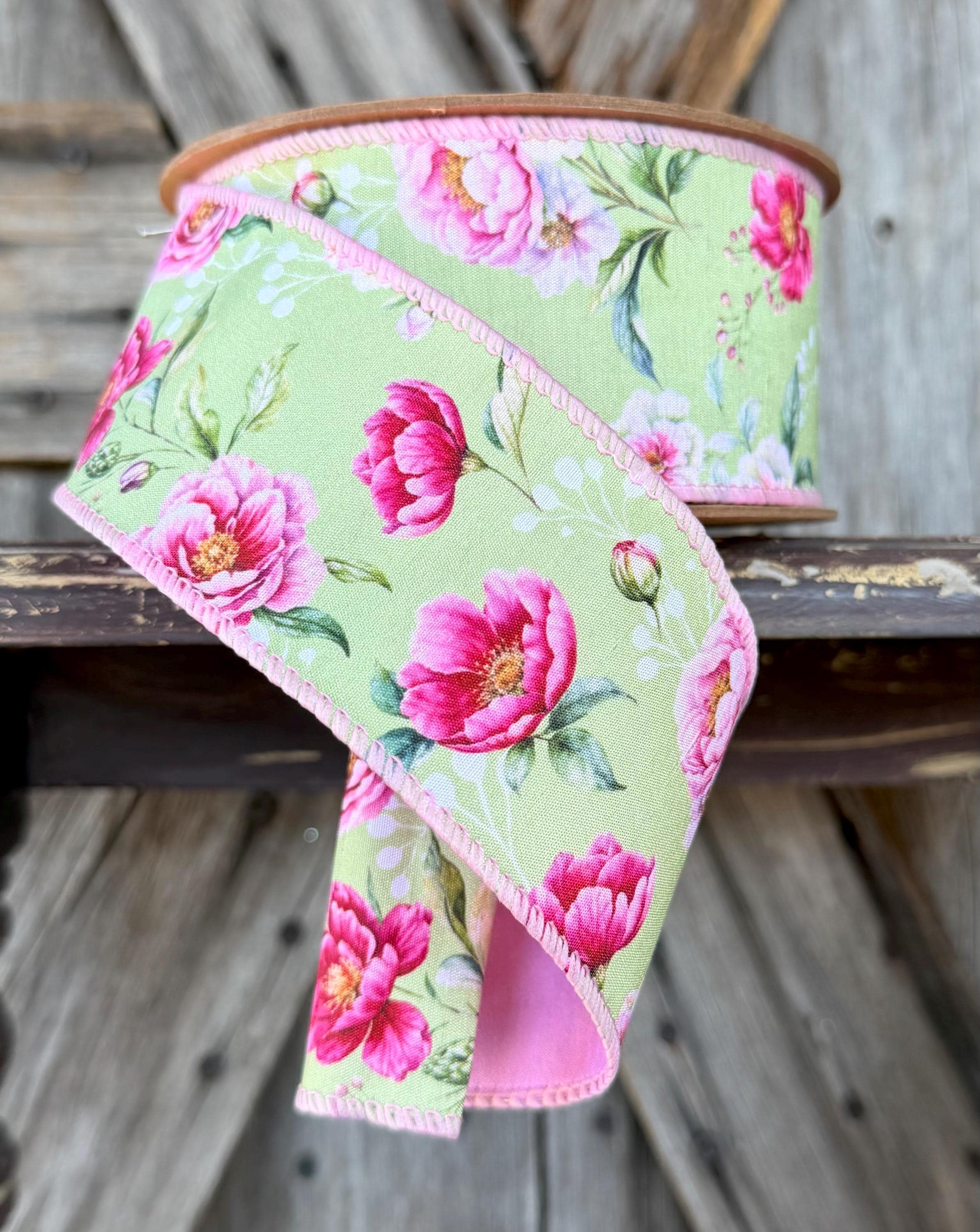 Rose Bloom Garden Green Pink Wired Ribon, 2.5 Inch
