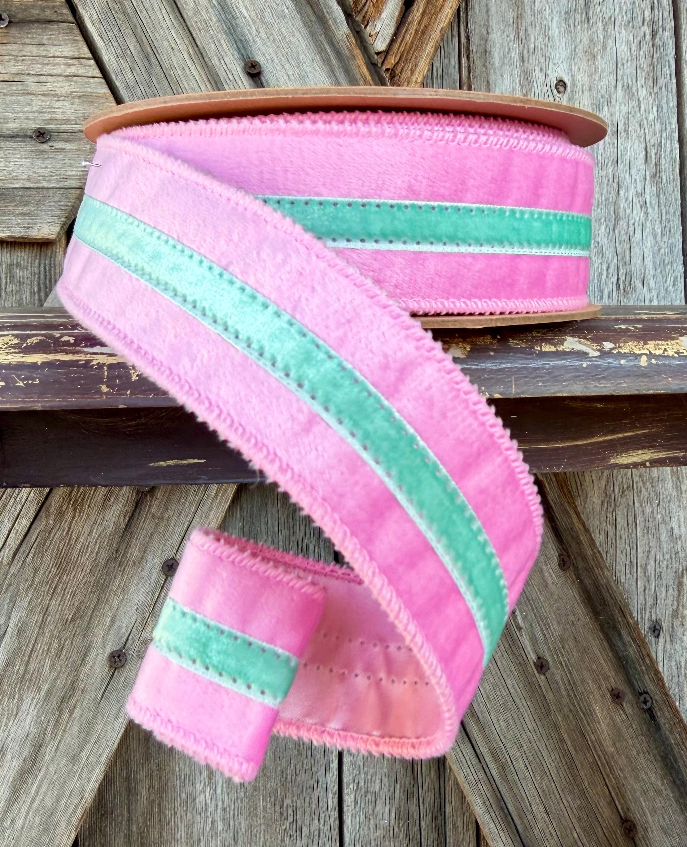 Velvet Stripe Pink Mint Wired Ribon, 1.5 Inch