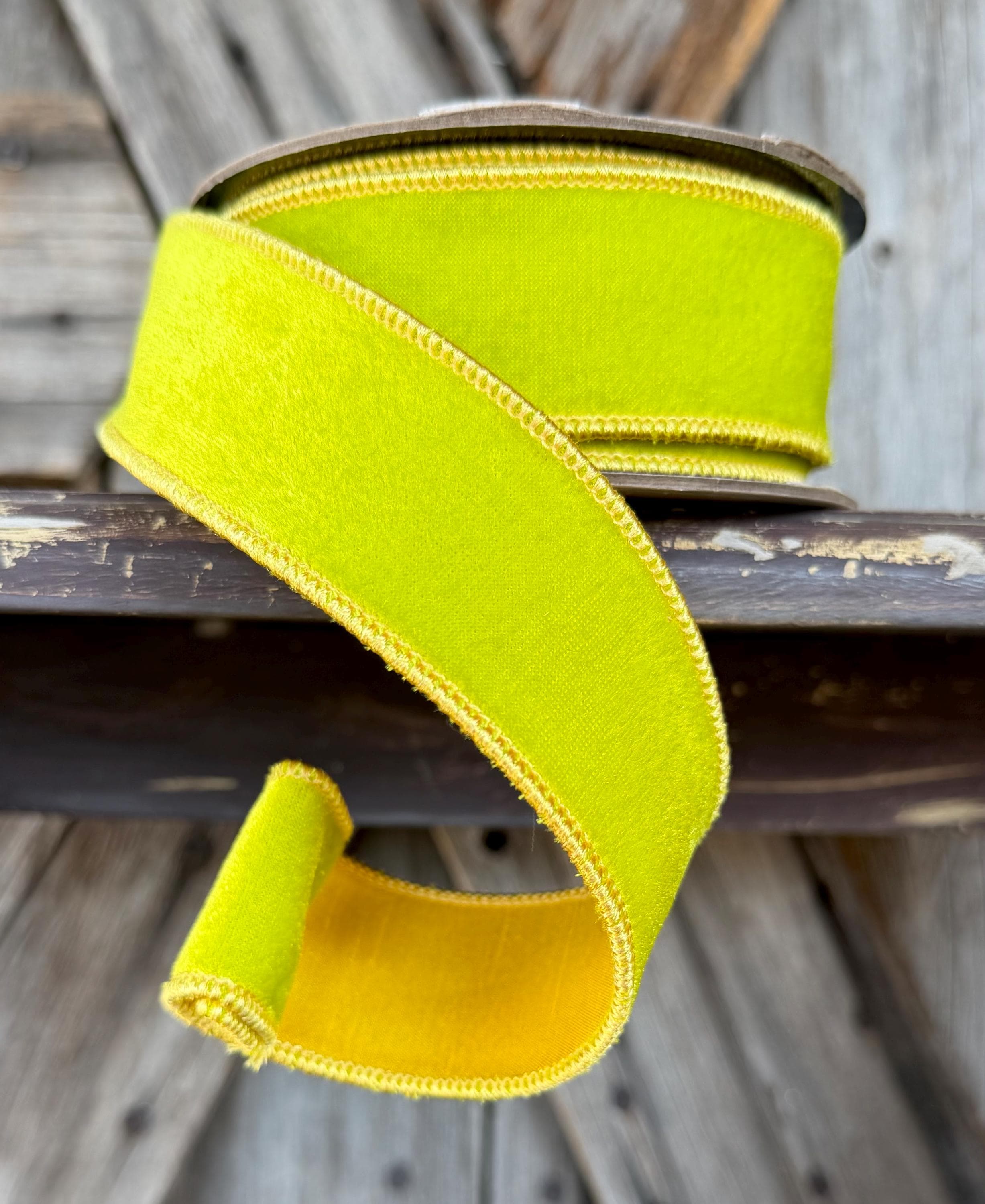 Green and Yellow Velvet Wired Ribbon 1.5 Inch