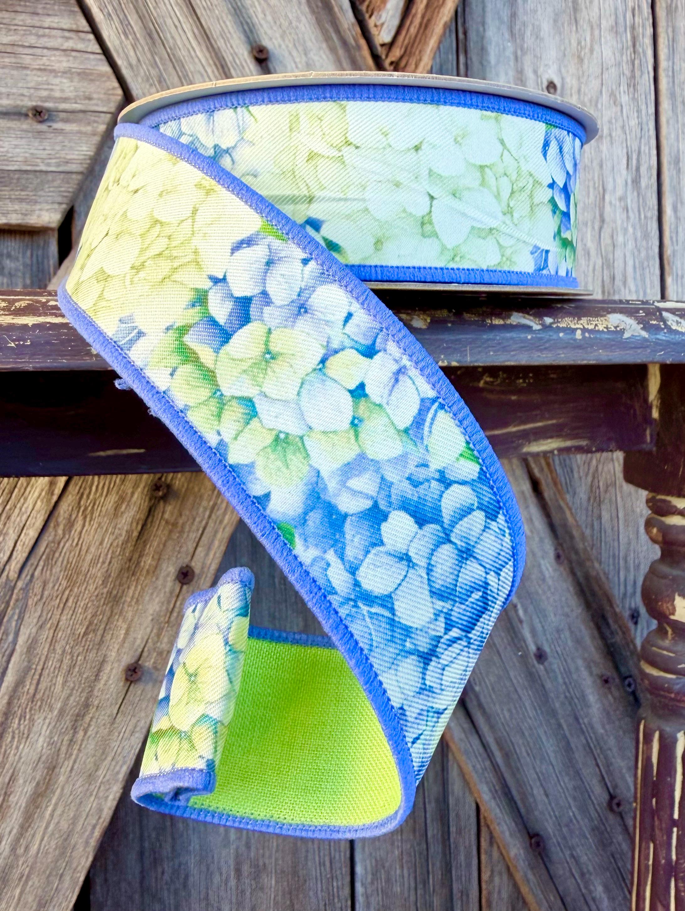 Blue Green Hydrangea Wired Ribbon 1.5 Inch