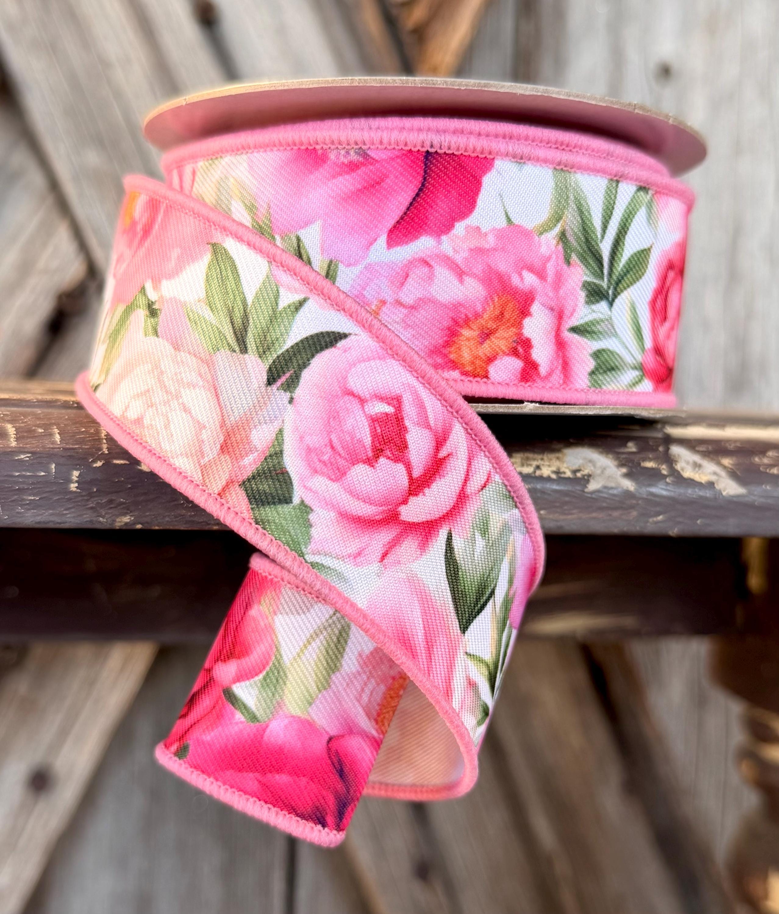 White Pink Peonie Wired Ribbon 1.5 Inch