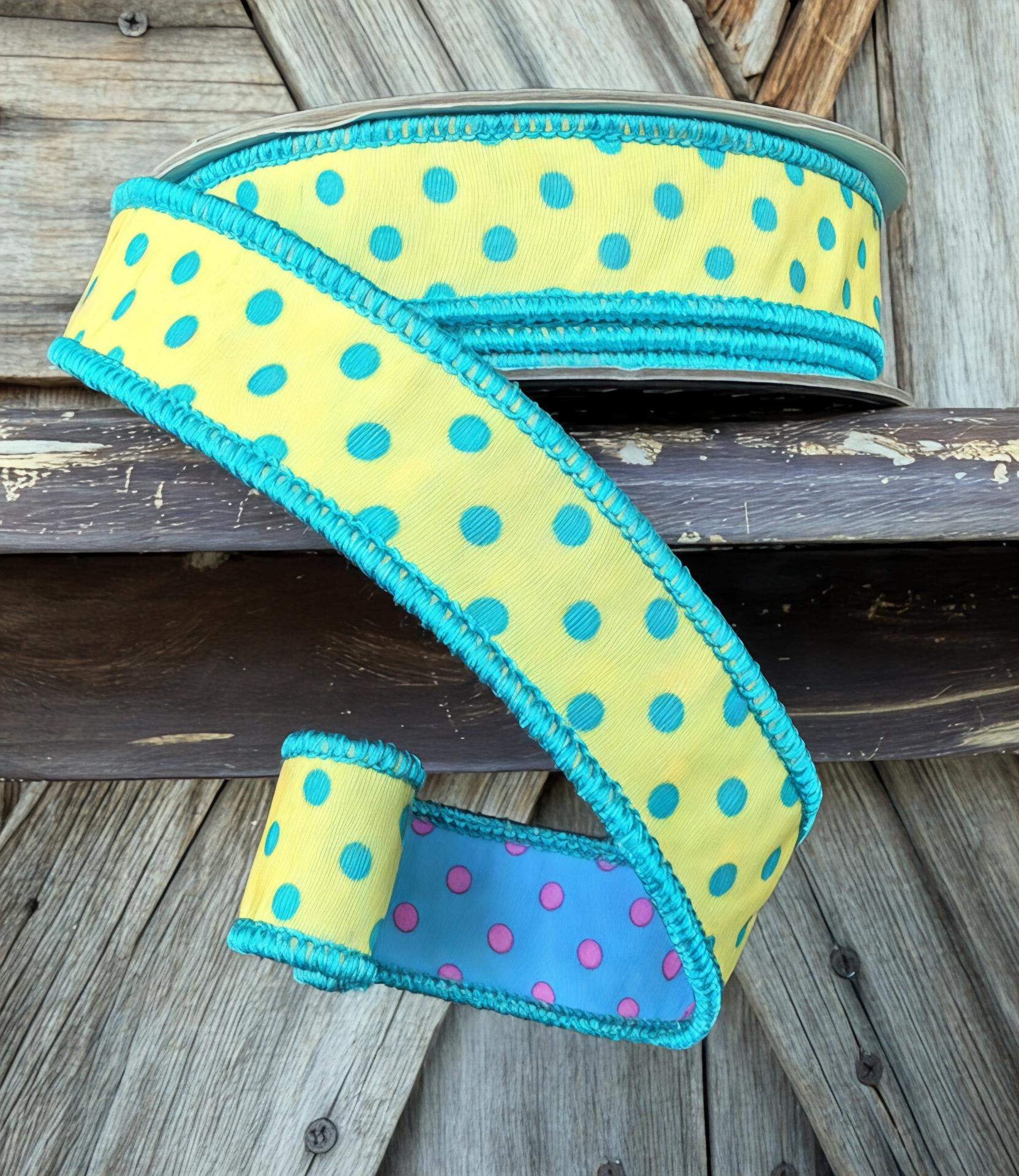 Blue Yellow Pink Polka Dot Ribbon, 1 Inch