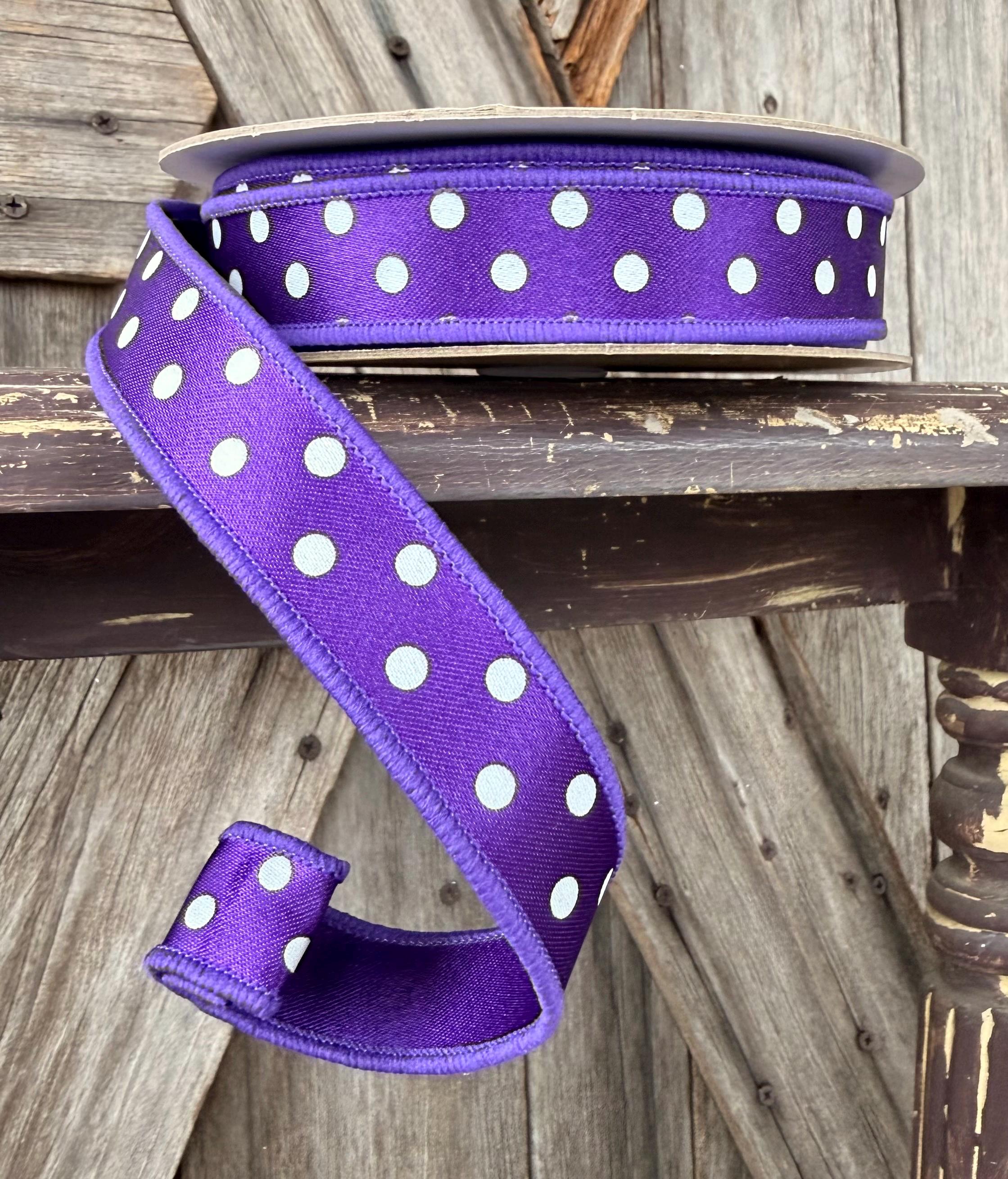 Purple White Polka Dot Wired Ribbon 7/8 Inch