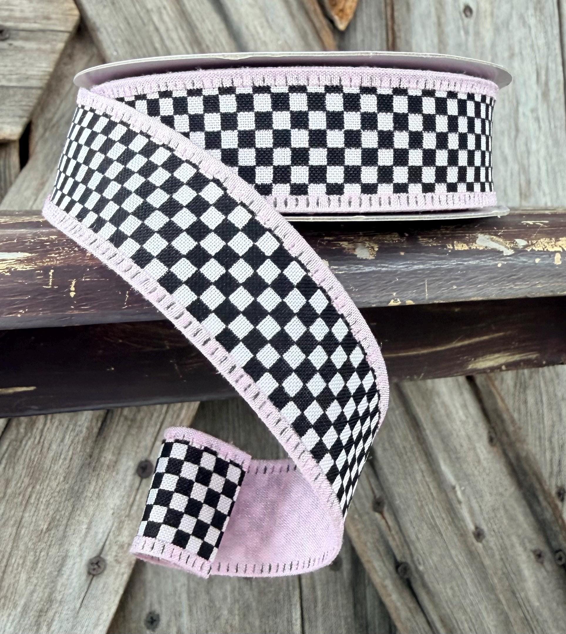 Pink Trim Black White Check Wired Ribbon 1 Inch