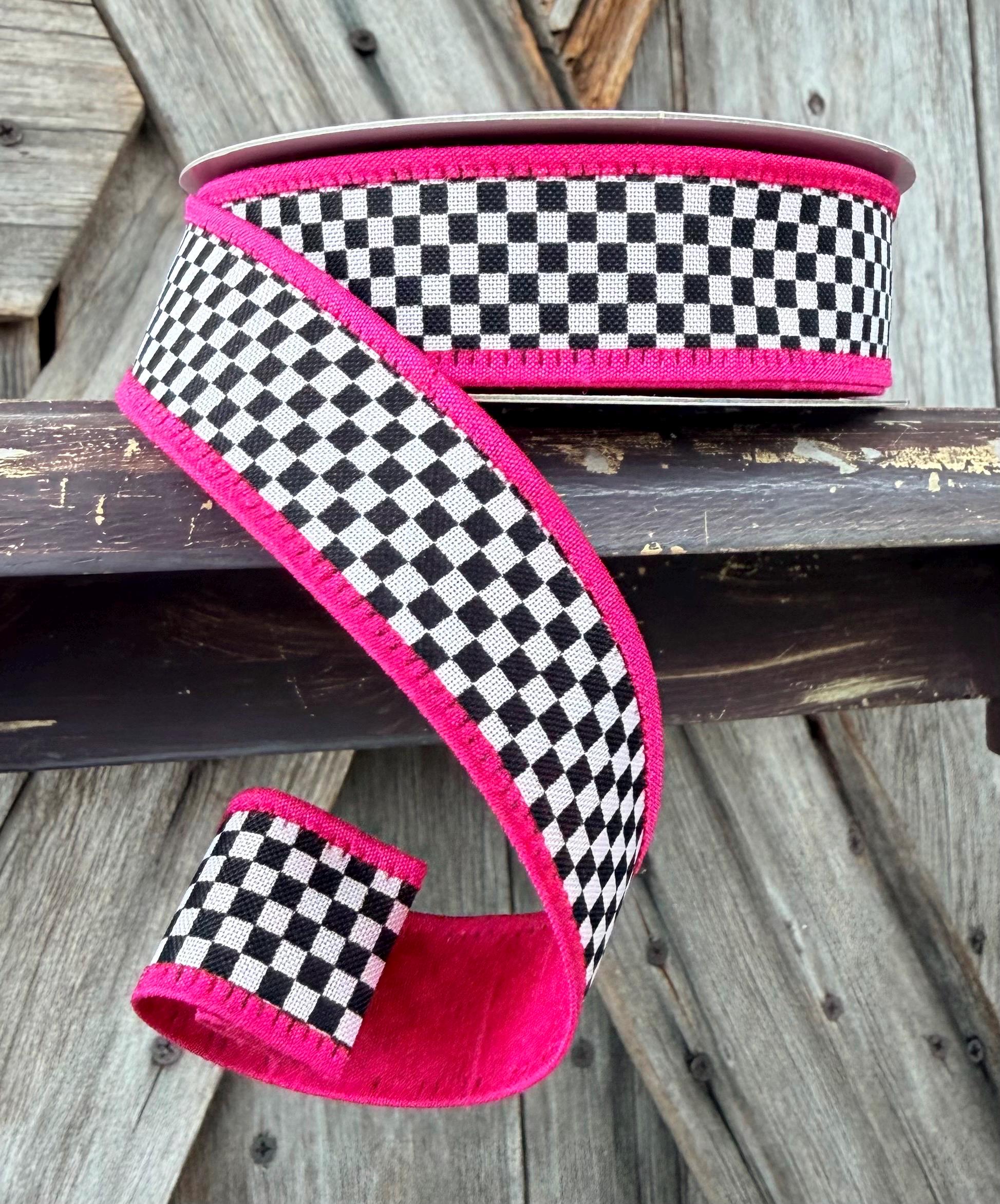 Hot Pink Trim Black White Check Wired Ribbon 1 Inch
