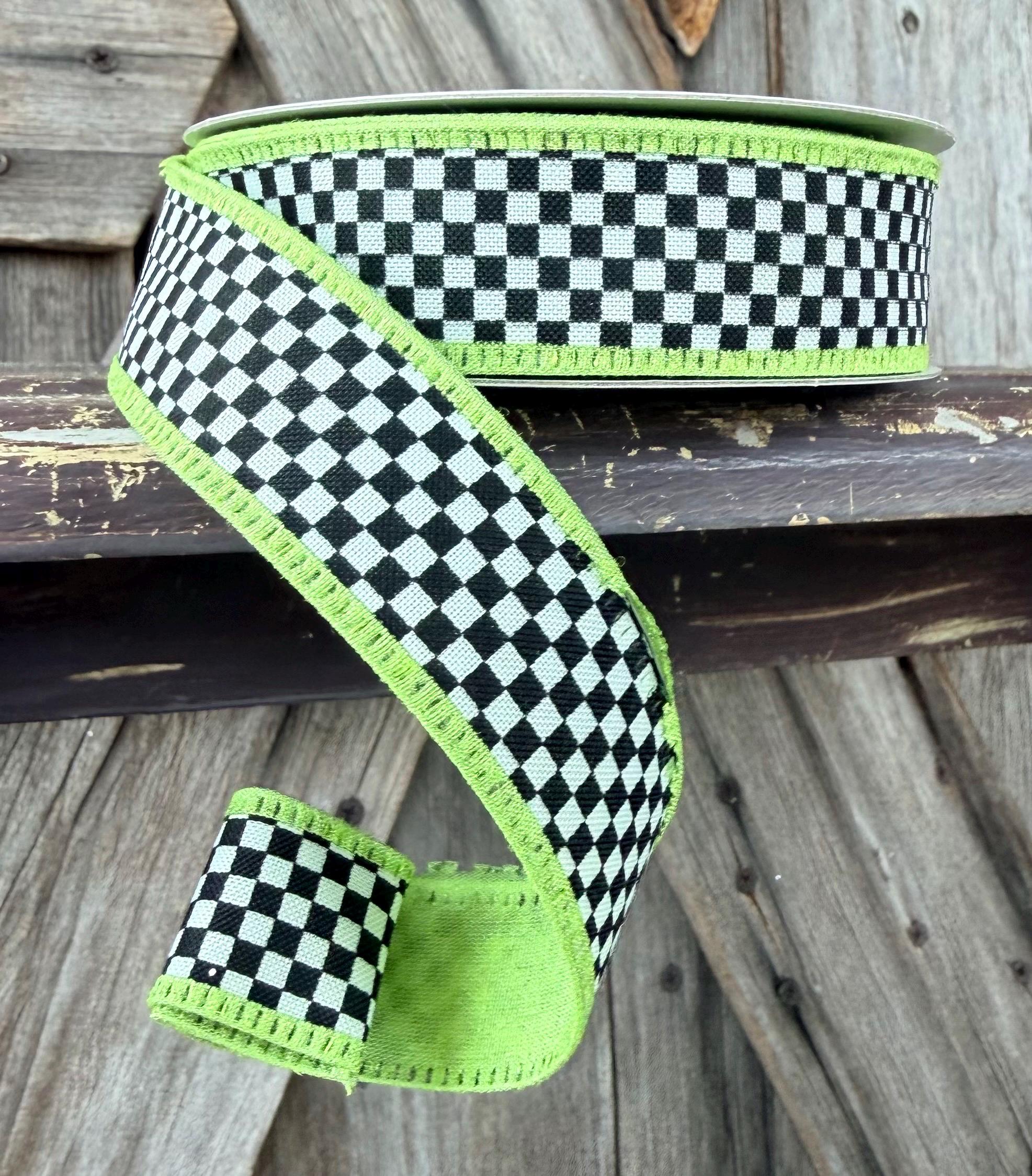 Green Trim Black White Check Wired Ribbon 1 Inch