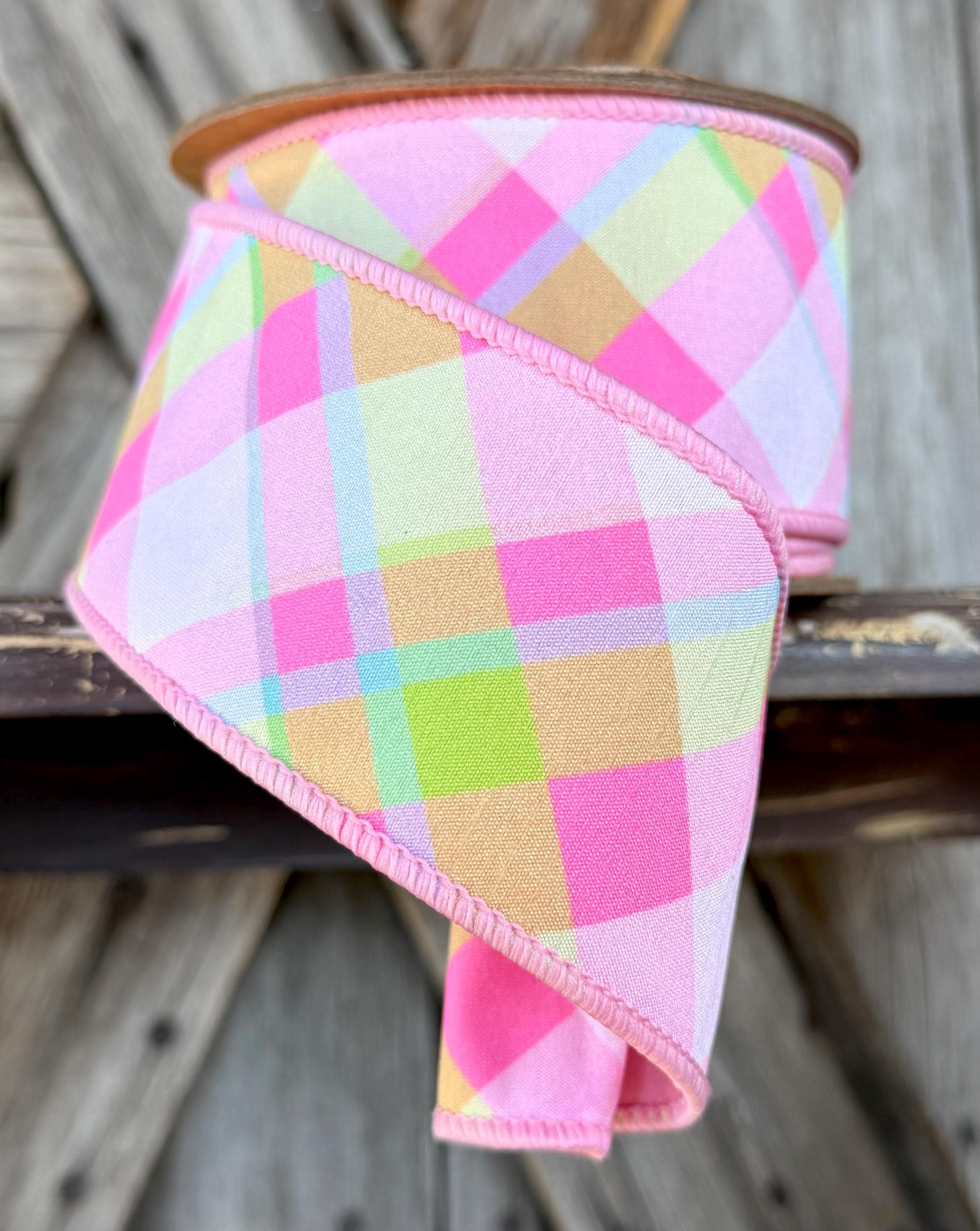 Plaid Pink Green Wired Ribon, 2.5 Inch