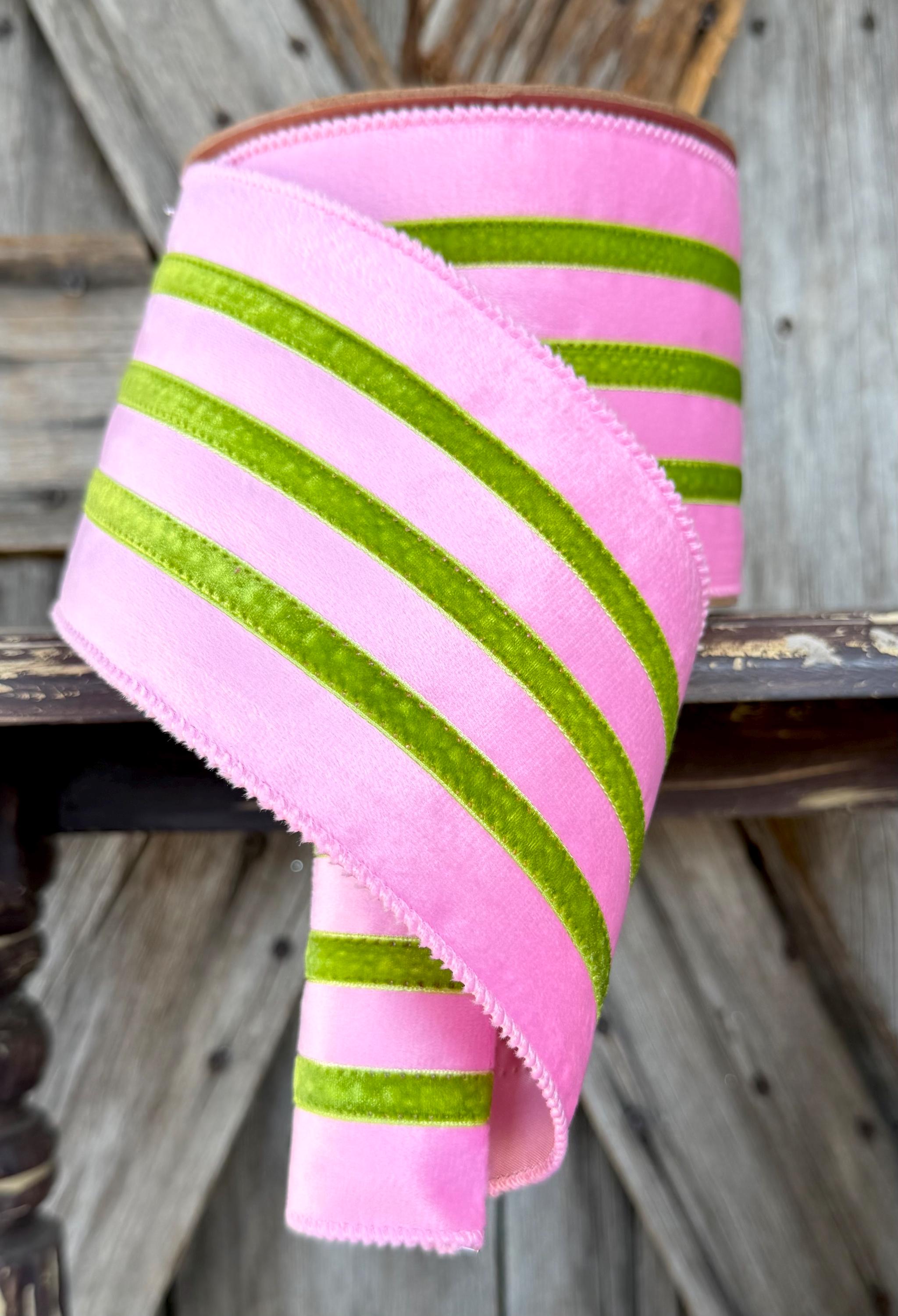 Velvet Stripe Green Pink Wired Ribon, 4 Inch