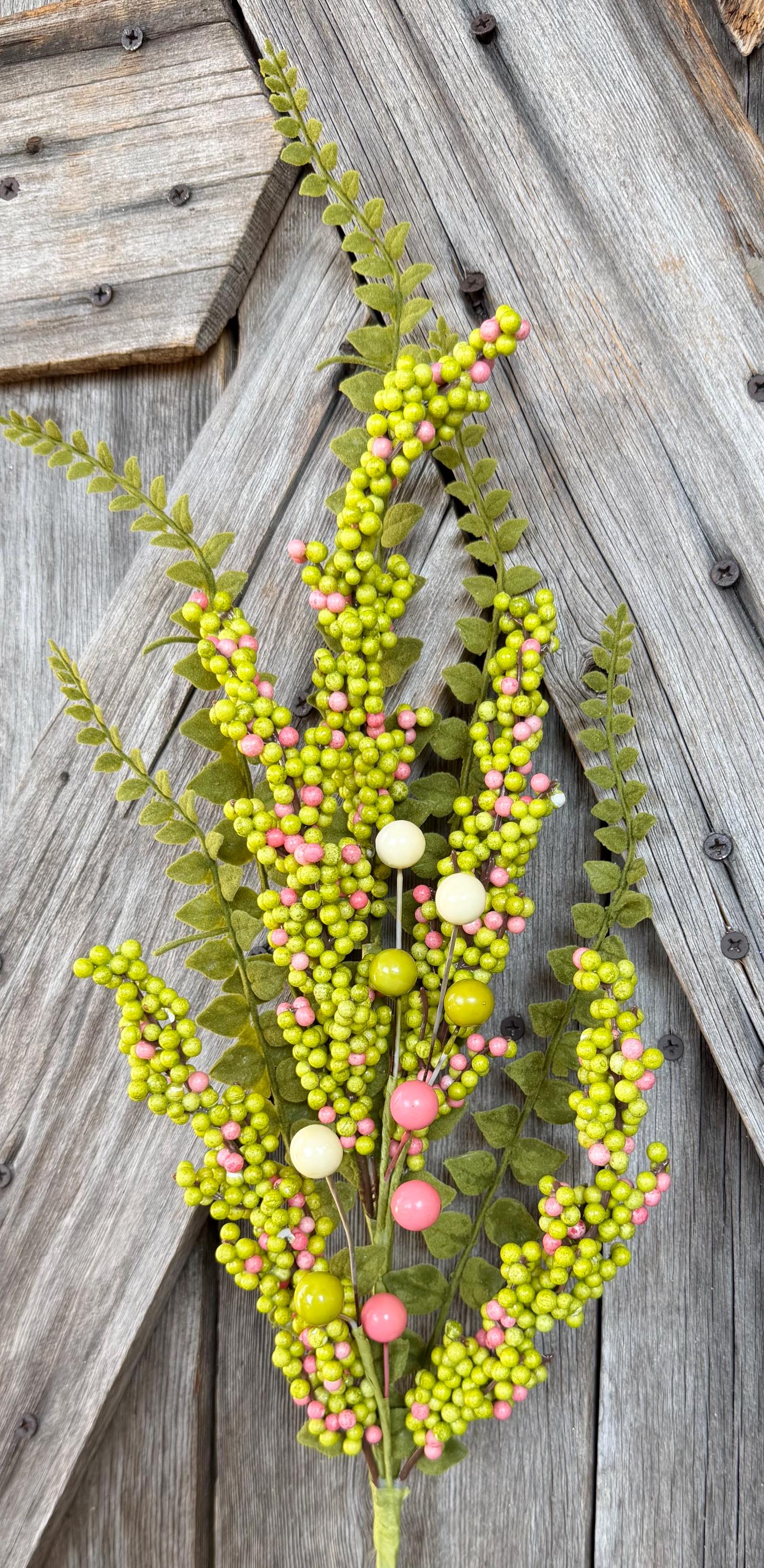 Green Pink Berry & Fern Spray , Wreath Supply, Floral