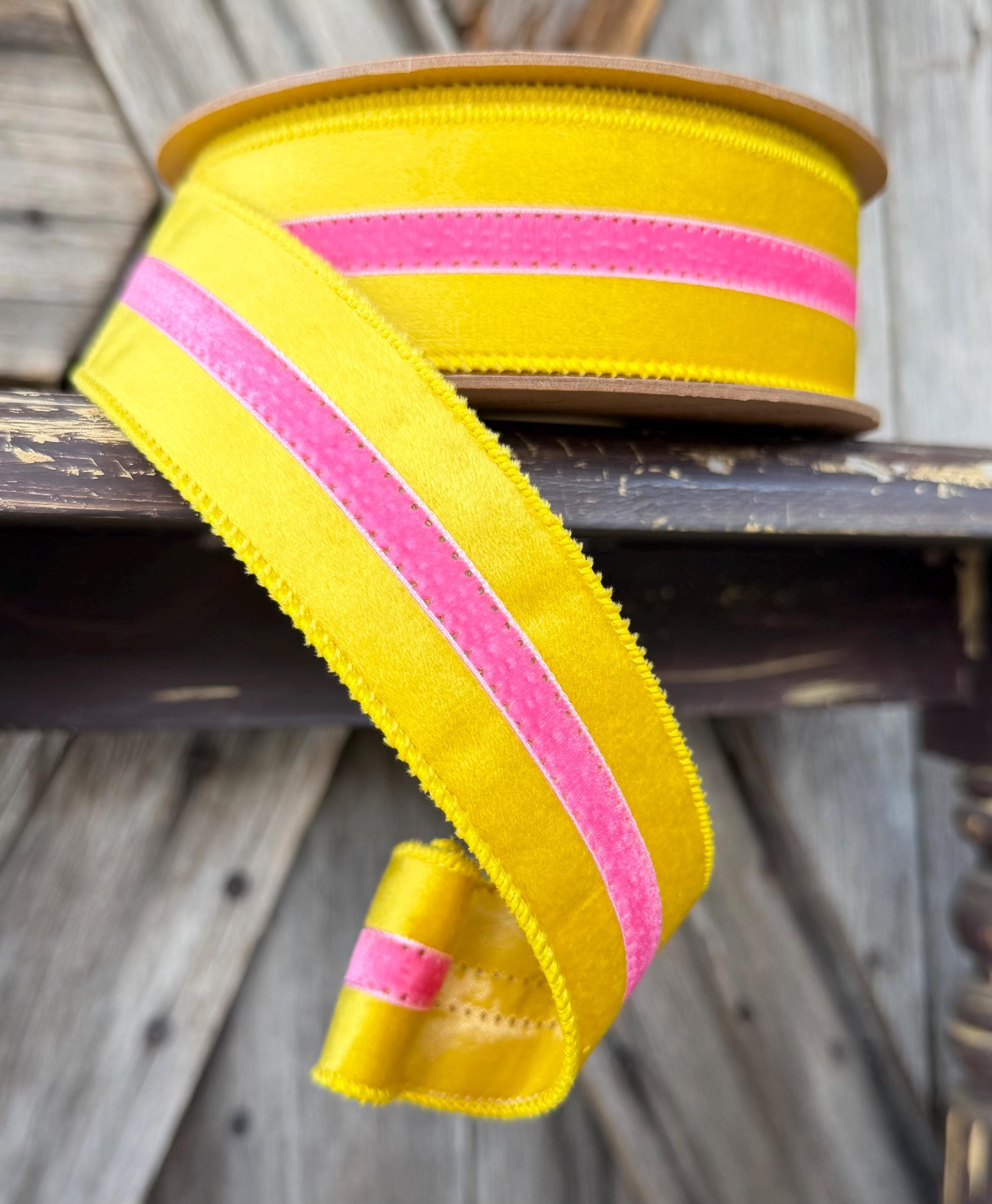 Yellow Velvet with Pink Stripe Wired Ribbon 1.5 Inch