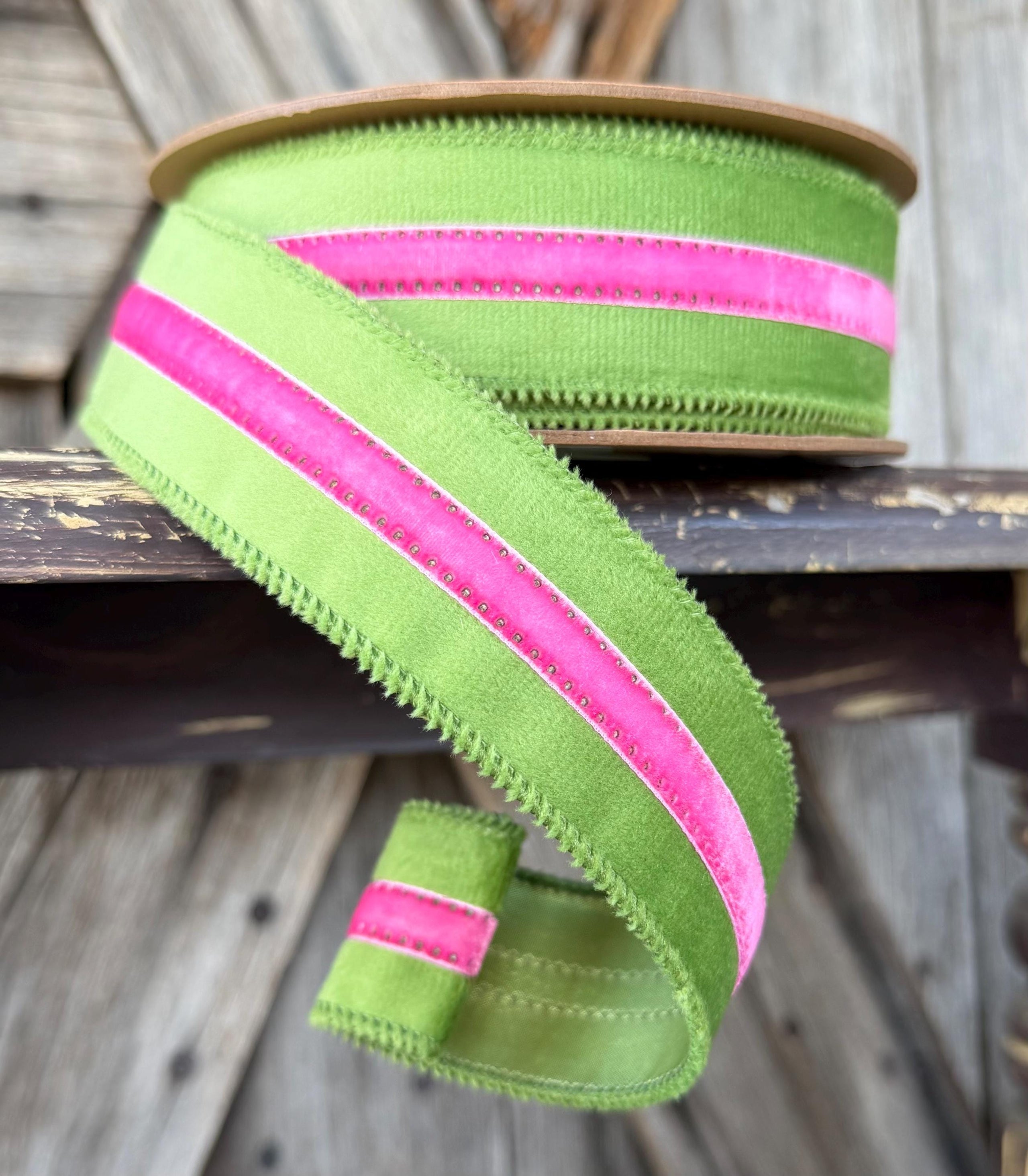 Green Velvet with Pink Stripe Wired Ribbon 1.5 Inch