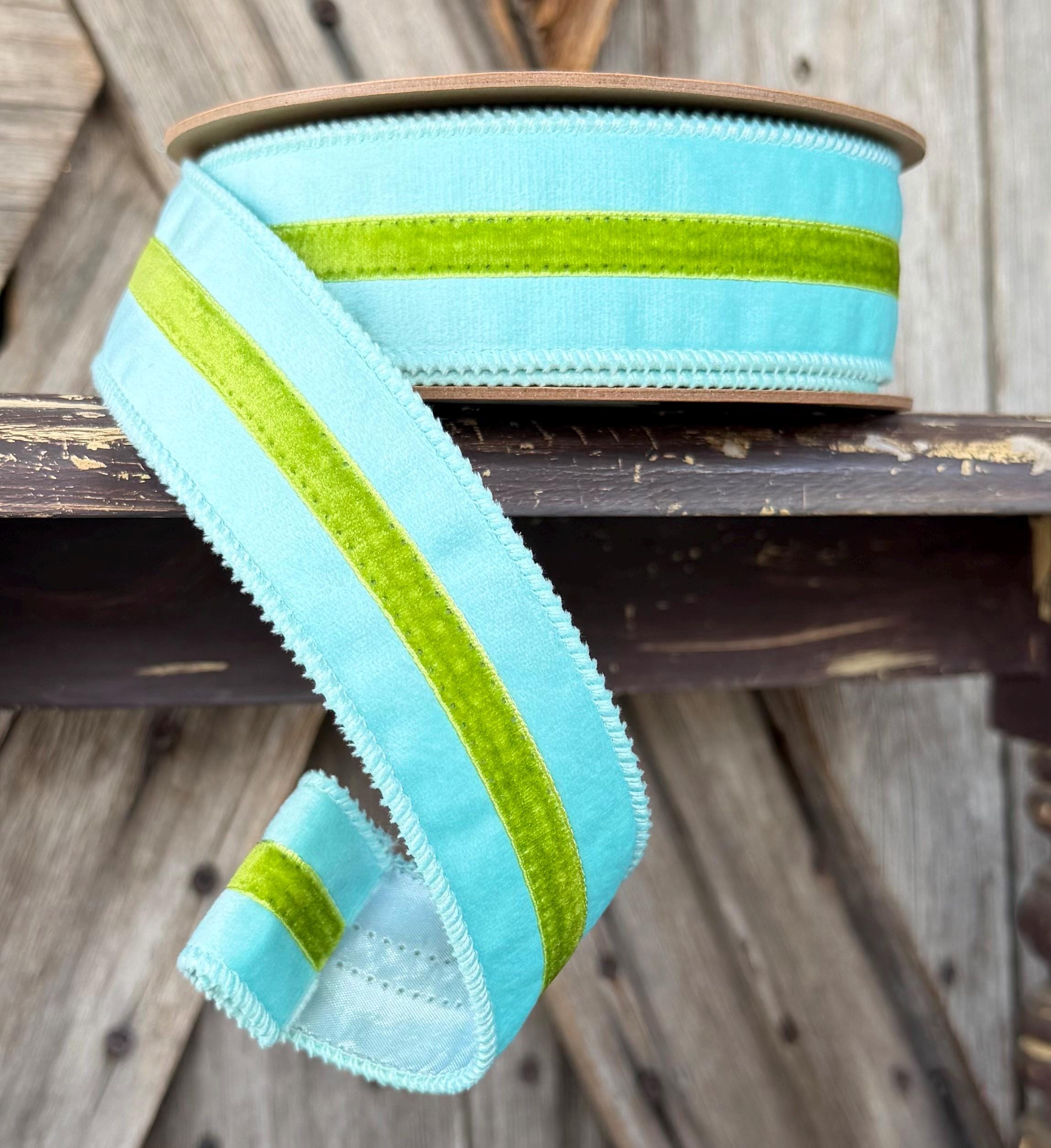 Blue Velvet with Green Stripe Wired Ribbon 1.5 Inch