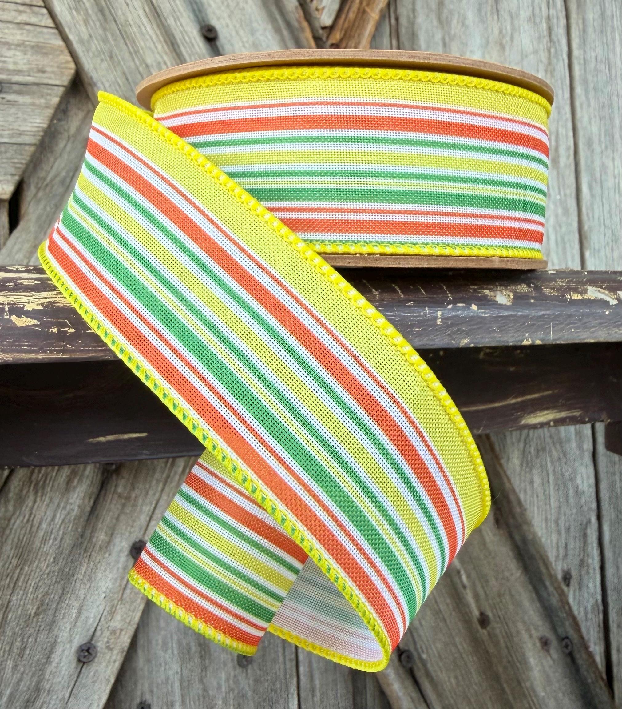 Orange Green Yellow White Stripe Wired Ribbon 1.5 Inch