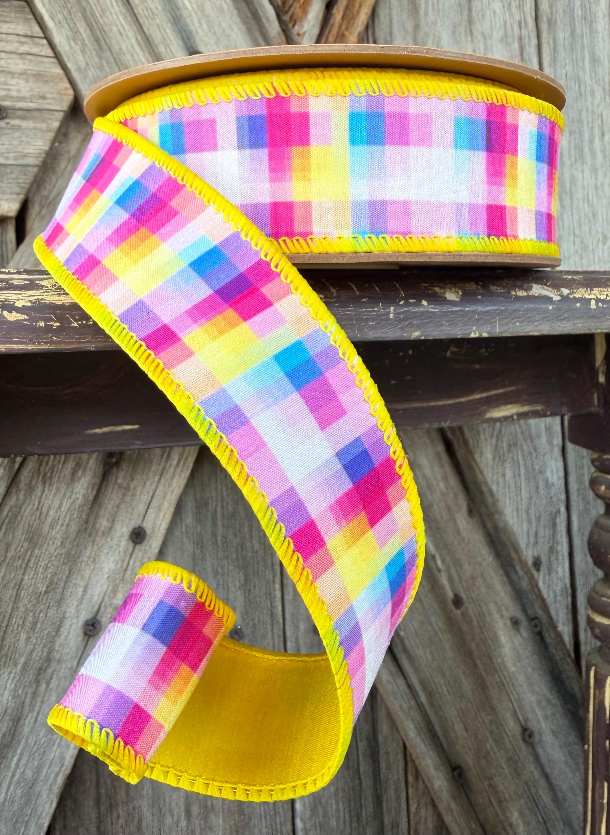 Bright Plaid Yellow Back Wired Ribon, 1.5 Inch