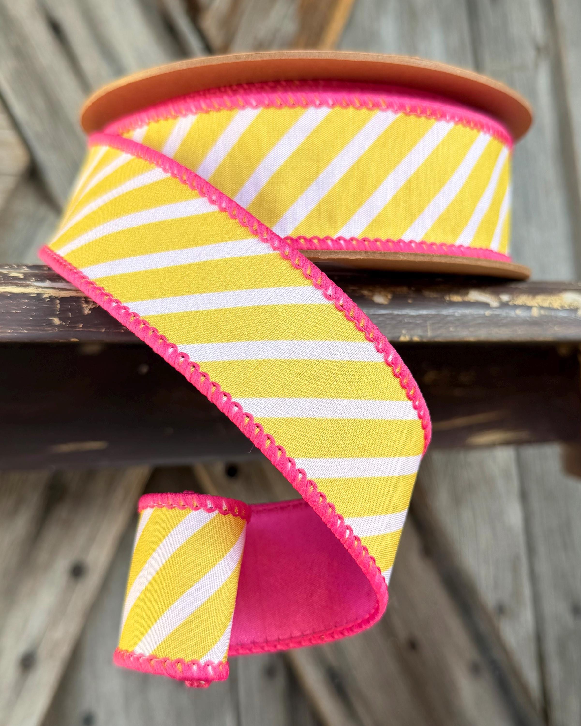 Yellow White Diagnol Stripe Pink Back Wired Ribbon 1.5 Inch