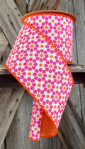 Orange Pink Floral with Orange Backing Wired Ribon, 4 Inch