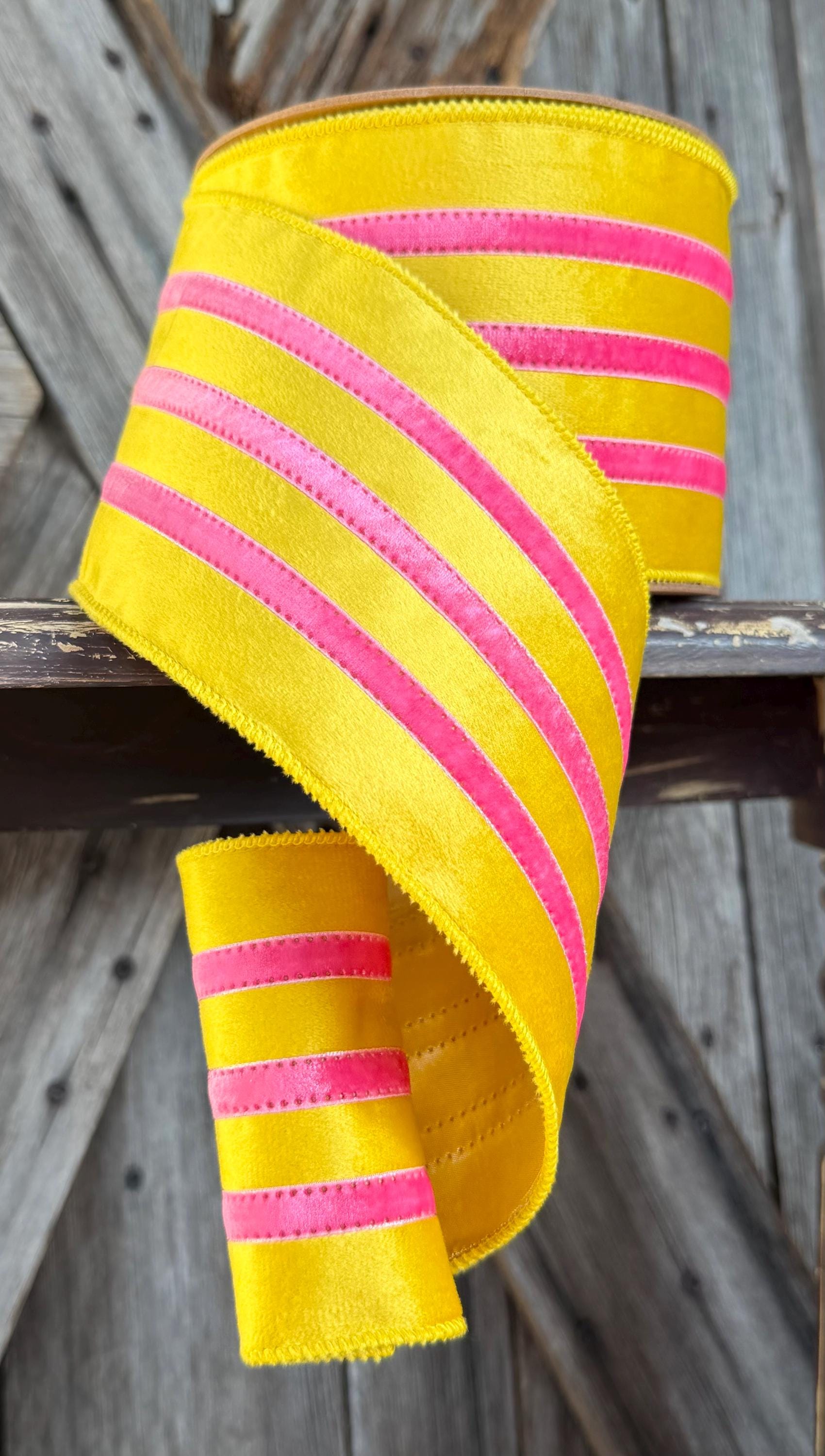 Velvet Stripe Yellow Pink Wired Ribon, 4 Inch