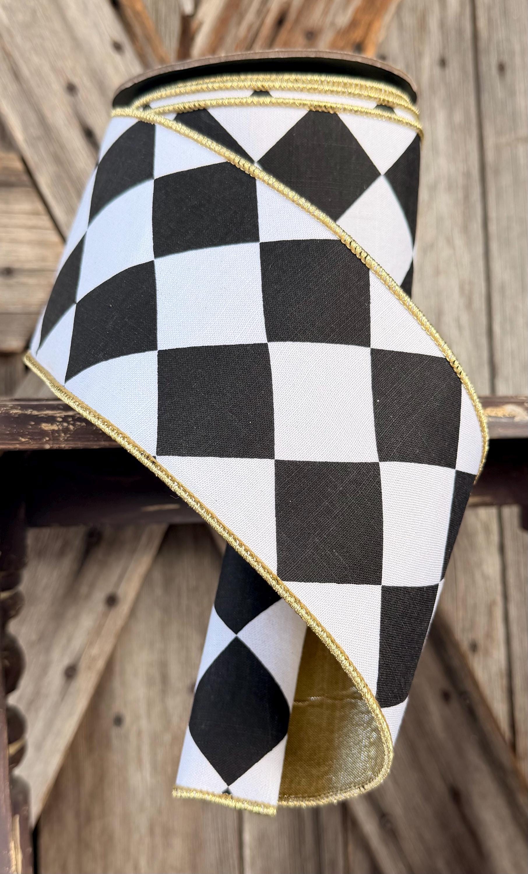 Black White Deluxe Diamond Wired Ribon, 4 Inch