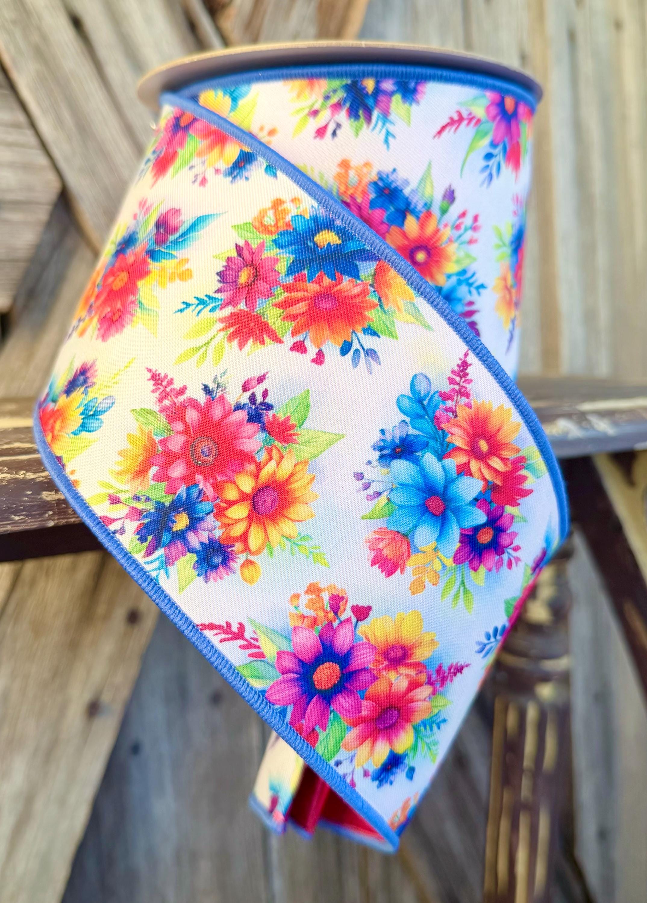Bright Flowers Wired Ribbon 4 Inch